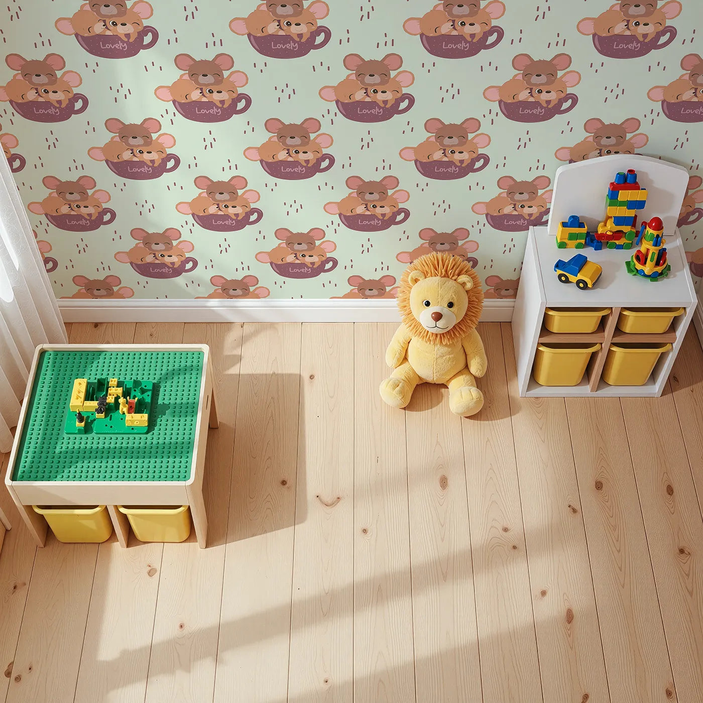 Top-Down view of Whimsy Tots' Lovely Tea Mice Wallpaper in Mint Green (W3024C).Sweet little mice in teacups turn every wall into a warm, whiskery hug.