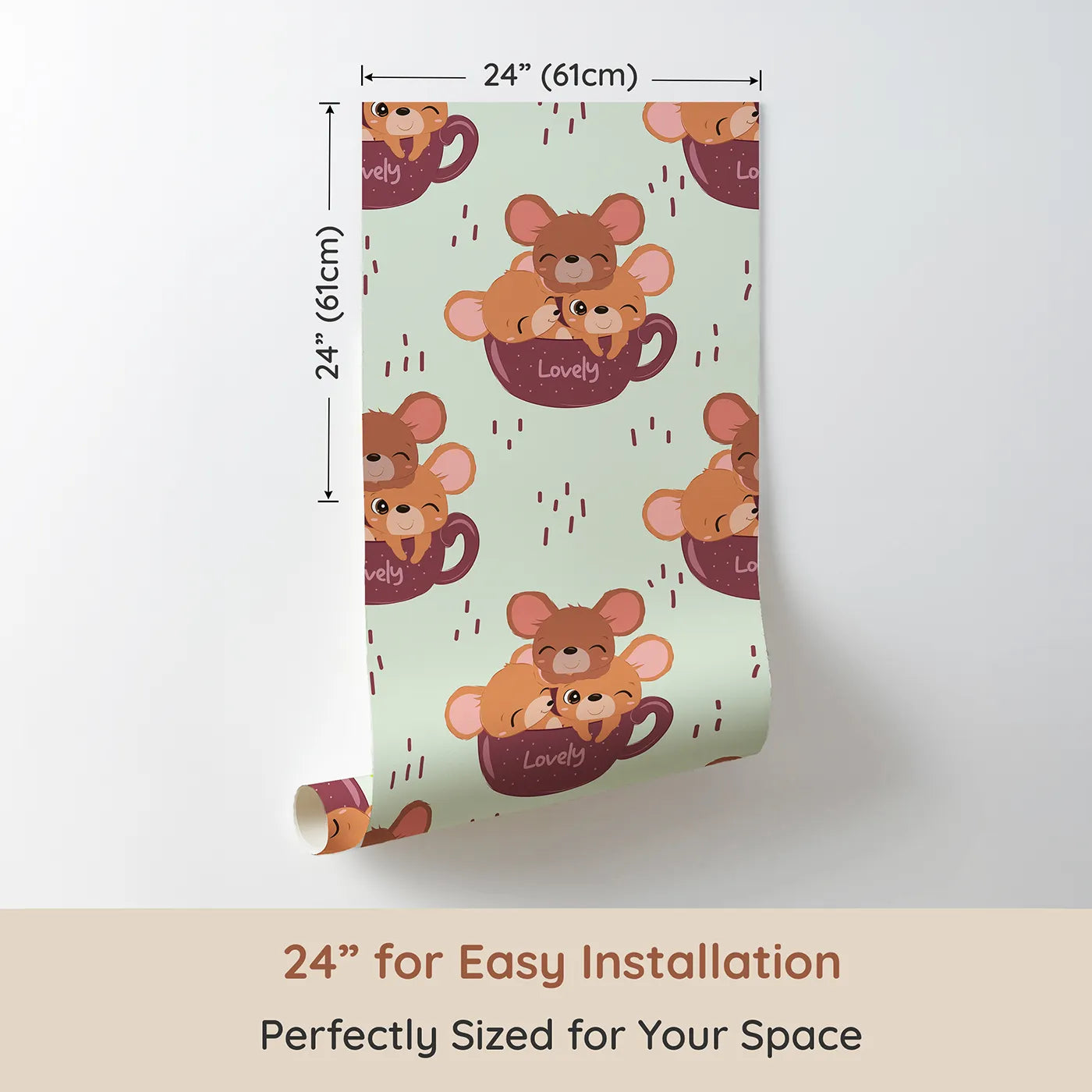 Dimension view of Whimsy Tots Lovely Tea Mice Wallpaper in Mint Green (W3024C). Printed in 24-inch-wide panel for easy installation. Sweet little mice in teacups turn every wall into a warm, whiskery hug.