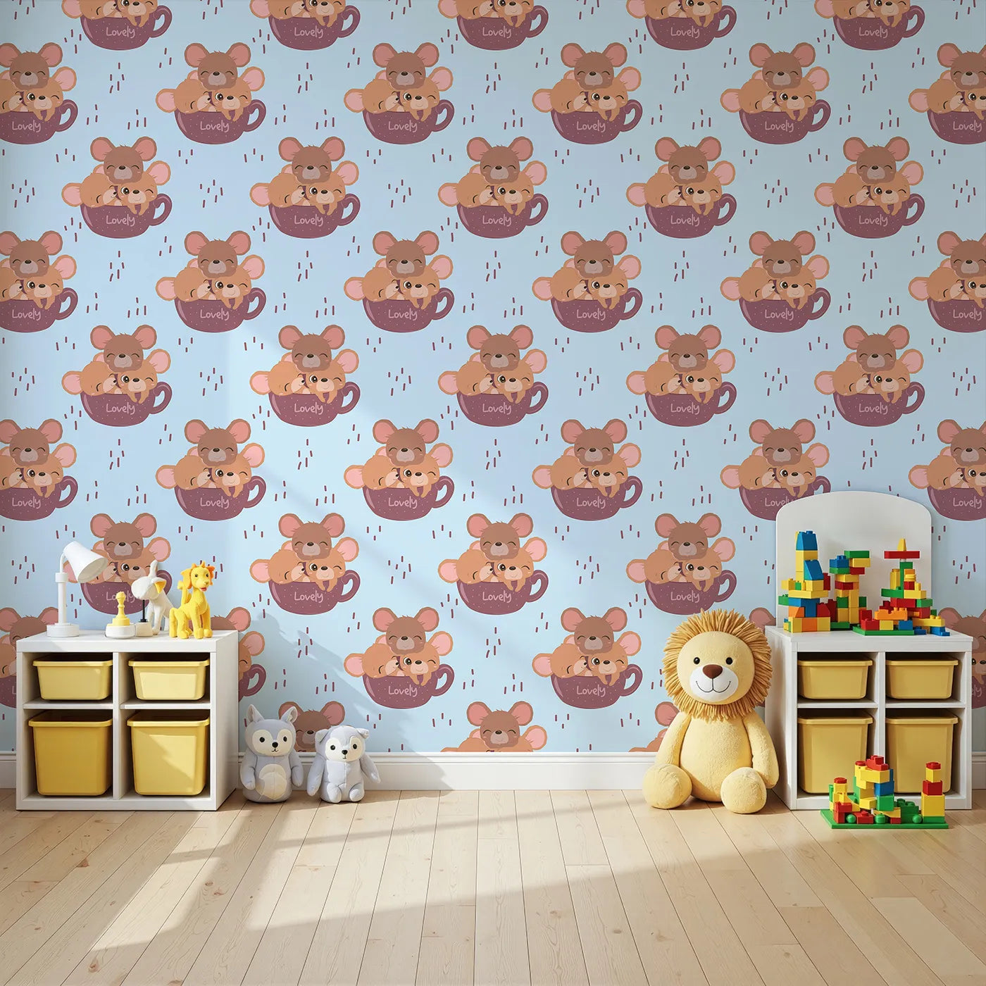 Angled view of Whimsy Tots' Lovely Tea Mice Wallpaper in Blue (W3024D).Sweet little mice in teacups turn every wall into a warm, whiskery hug.