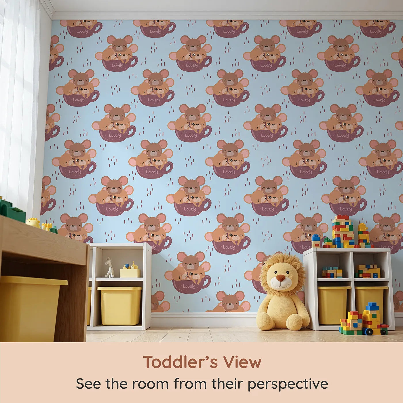 Whimsy Tots Lovely Tea Mice Wallpaper in Blue (W3024D) from your child's view.Sweet little mice in teacups turn every wall into a warm, whiskery hug.