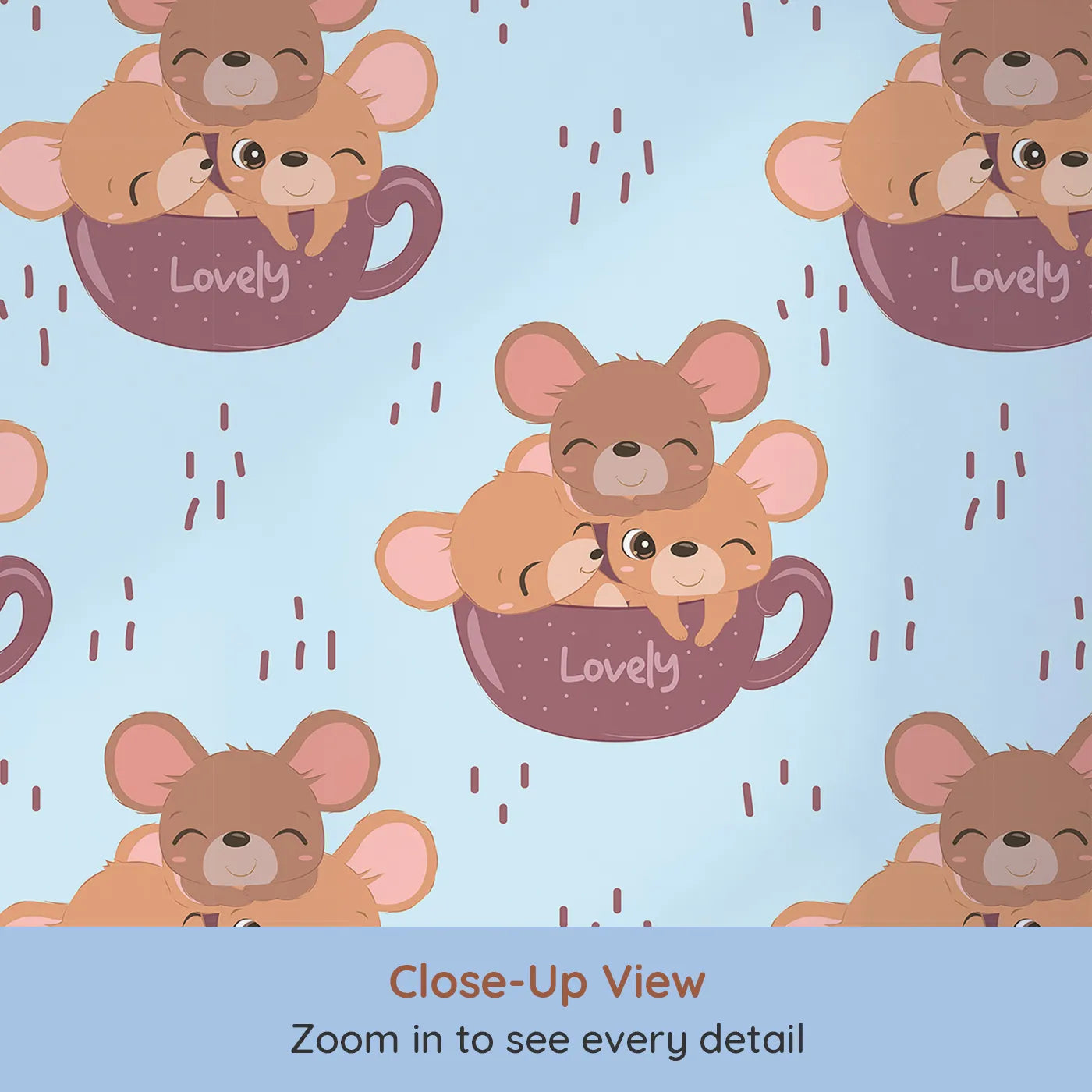 Close-up view of Whimsy Tots' Lovely Tea Mice Wallpaper in Blue (W3024D).Sweet little mice in teacups turn every wall into a warm, whiskery hug.