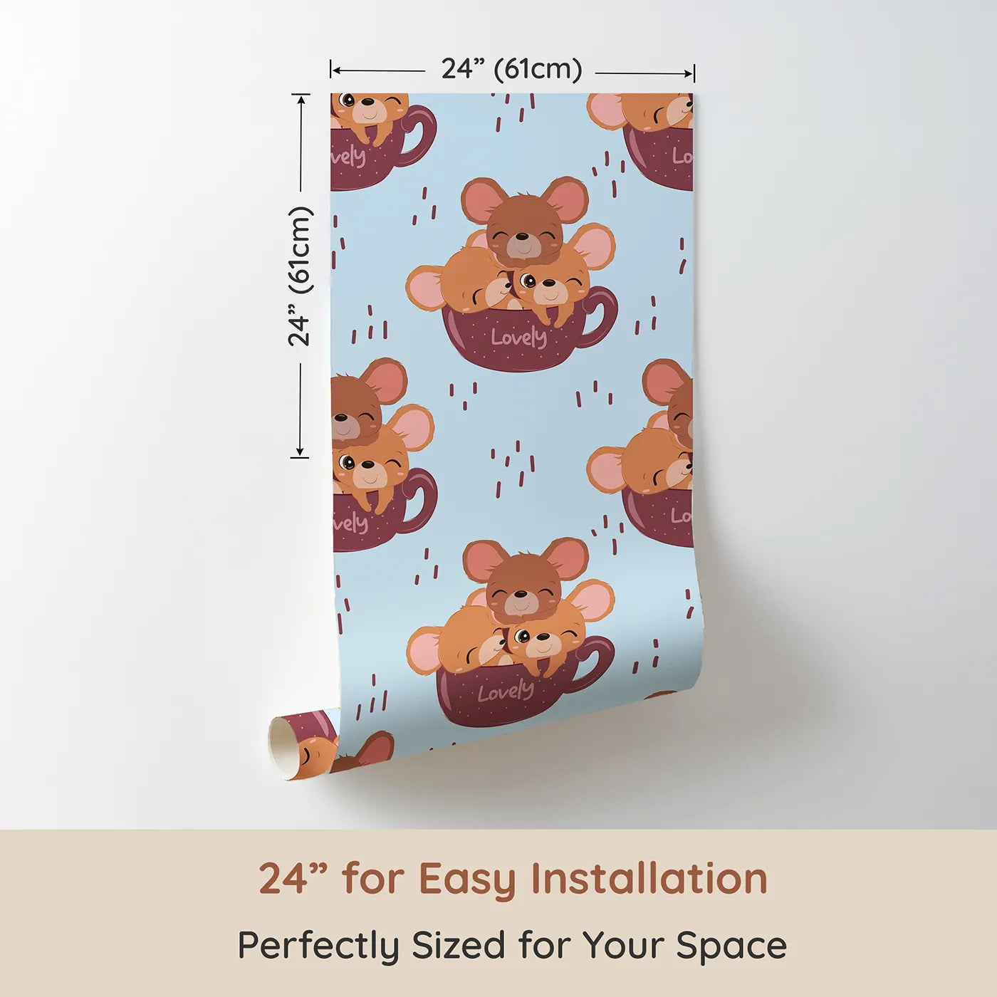 Dimension view of Whimsy Tots Lovely Tea Mice Wallpaper in Blue (W3024D). Printed in 24-inch-wide panel for easy installation. Sweet little mice in teacups turn every wall into a warm, whiskery hug.