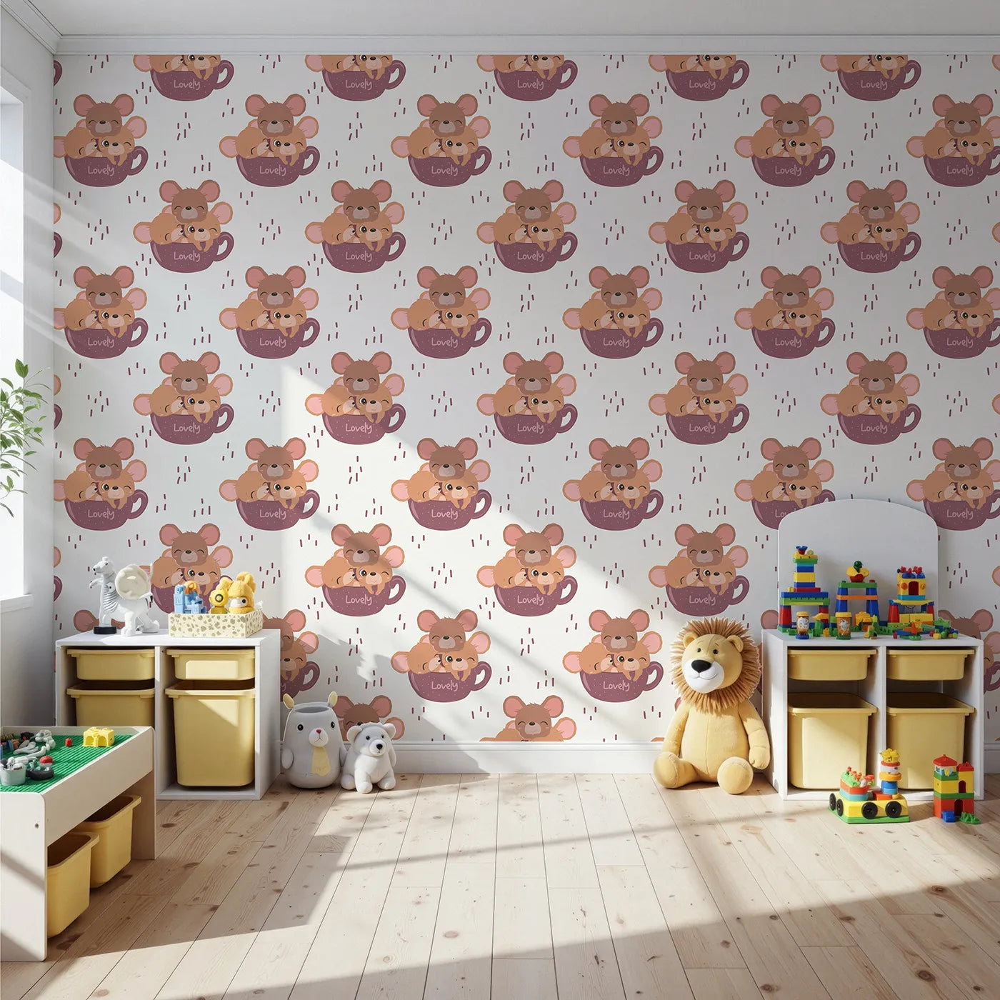 Front view of Whimsy Tots' Lovely Tea Mice Wallpaper in White