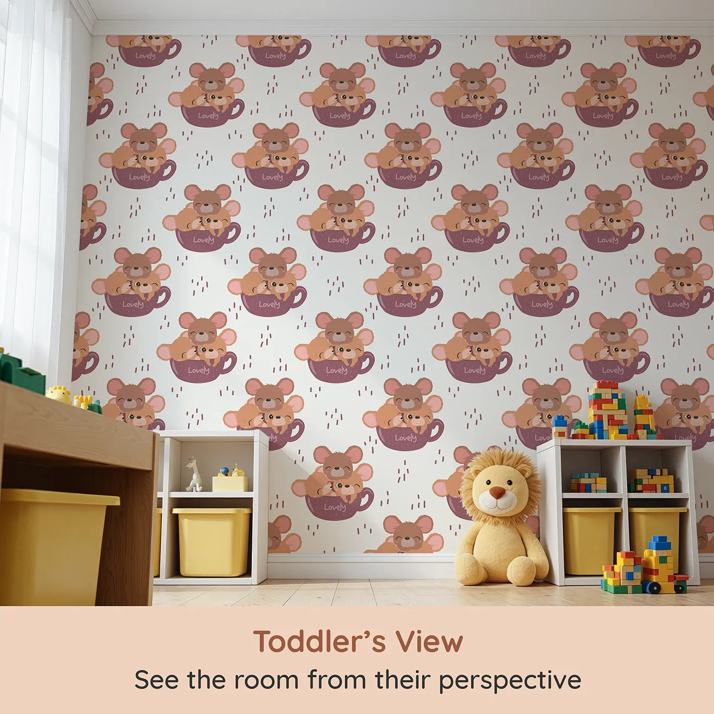 Whimsy Tots Lovely Tea Mice Wallpaper in White (W3024E) from your child's view.Sweet little mice in teacups turn every wall into a warm, whiskery hug.