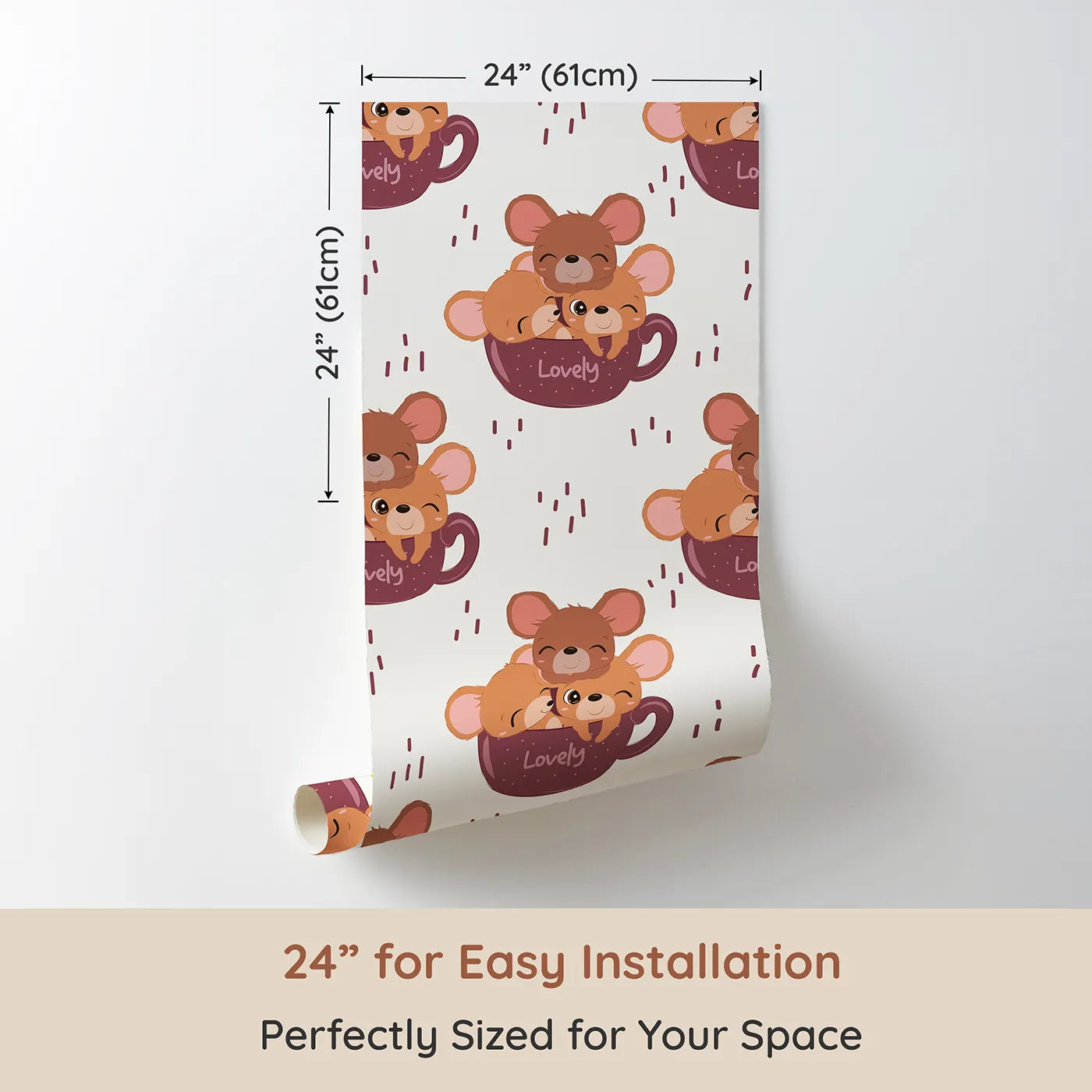 Dimension view of Whimsy Tots Lovely Tea Mice Wallpaper in White (W3024E). Printed in 24-inch-wide panel for easy installation. Sweet little mice in teacups turn every wall into a warm, whiskery hug.