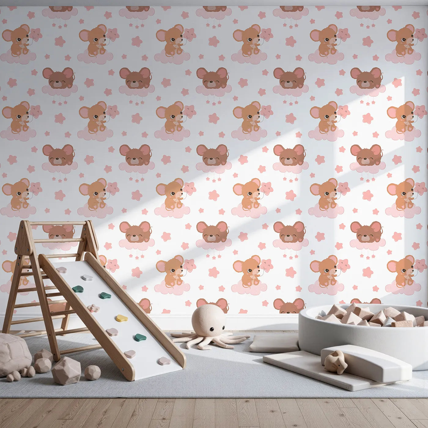 Front view of Whimsy Tots' Starry Cloud Mouse Wallpaper in White