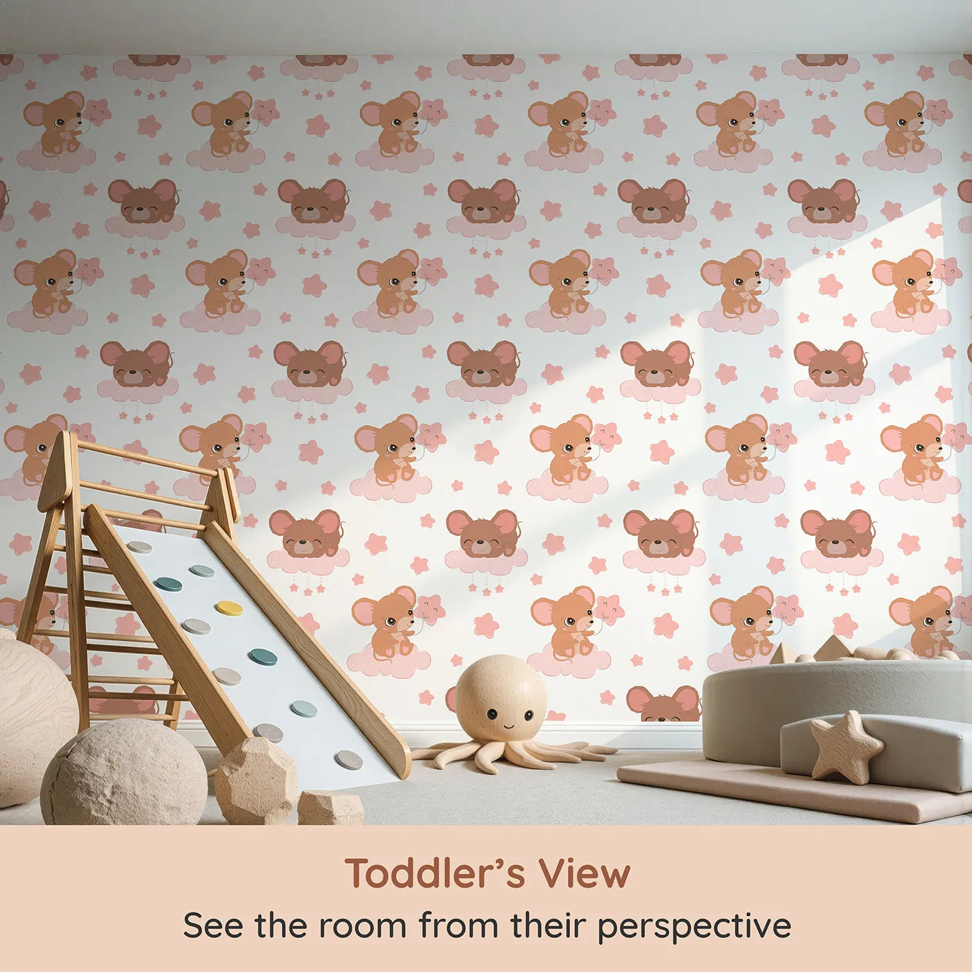 Whimsy Tots Starry Cloud Mouse Wallpaper in White (W3025A) from your child's view.One sweet mouse, one pink balloon, and a sky full of dreams.