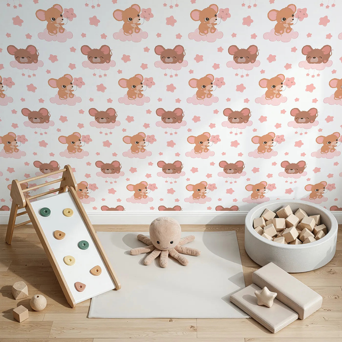 Top-Down view of Whimsy Tots' Starry Cloud Mouse Wallpaper in White (W3025A).One sweet mouse, one pink balloon, and a sky full of dreams.