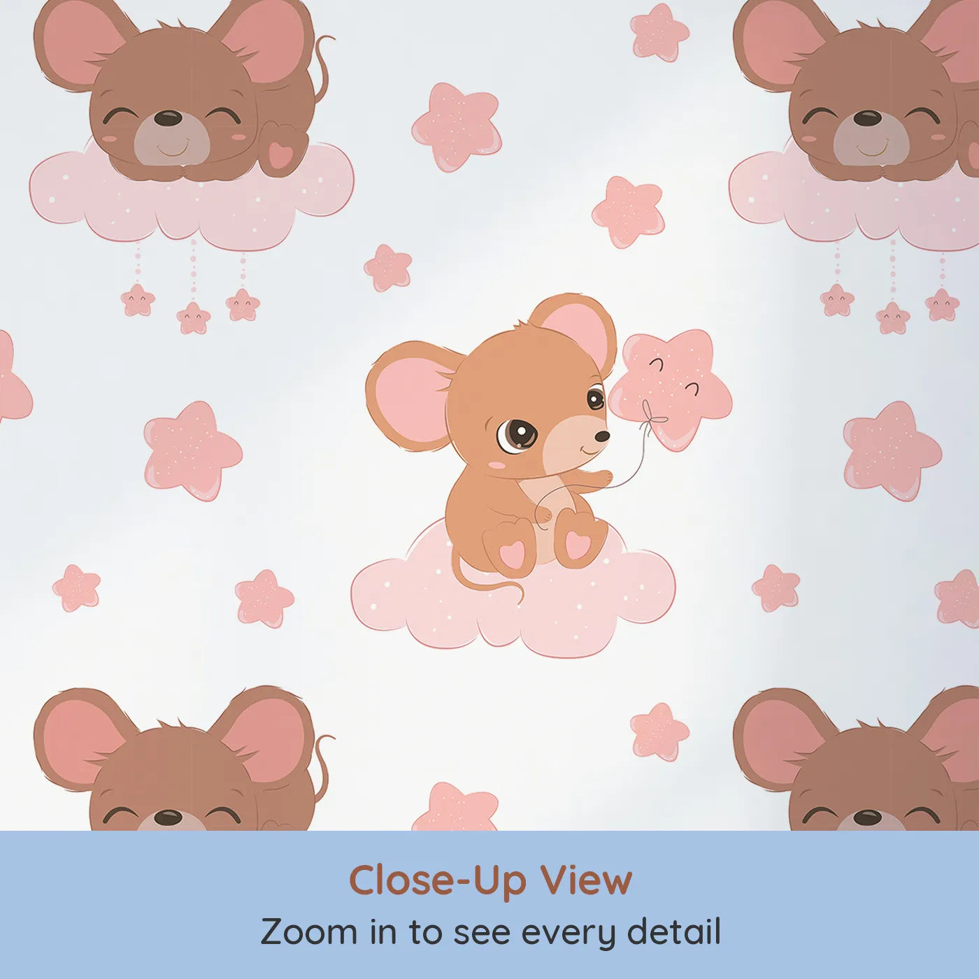 Close-up view of Whimsy Tots' Starry Cloud Mouse Wallpaper in White (W3025A).One sweet mouse, one pink balloon, and a sky full of dreams.