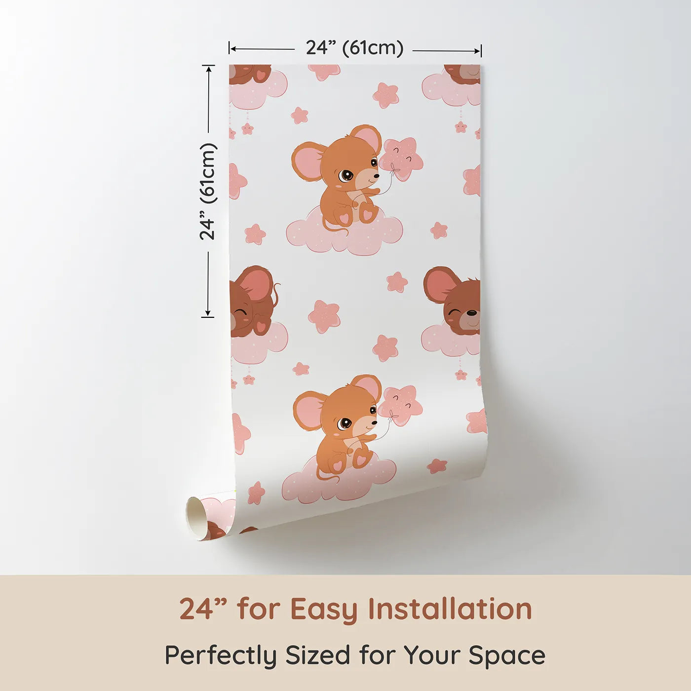 Dimension view of Whimsy Tots Starry Cloud Mouse Wallpaper in White (W3025A). Printed in 24-inch-wide panel for easy installation. One sweet mouse, one pink balloon, and a sky full of dreams.