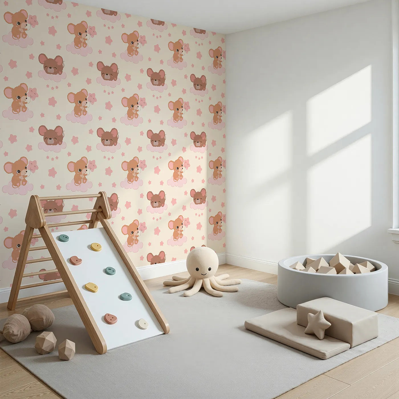 Angled view of Whimsy Tots' Starry Cloud Mouse Wallpaper in Cream (W3025B).One sweet mouse, one pink balloon, and a sky full of dreams.