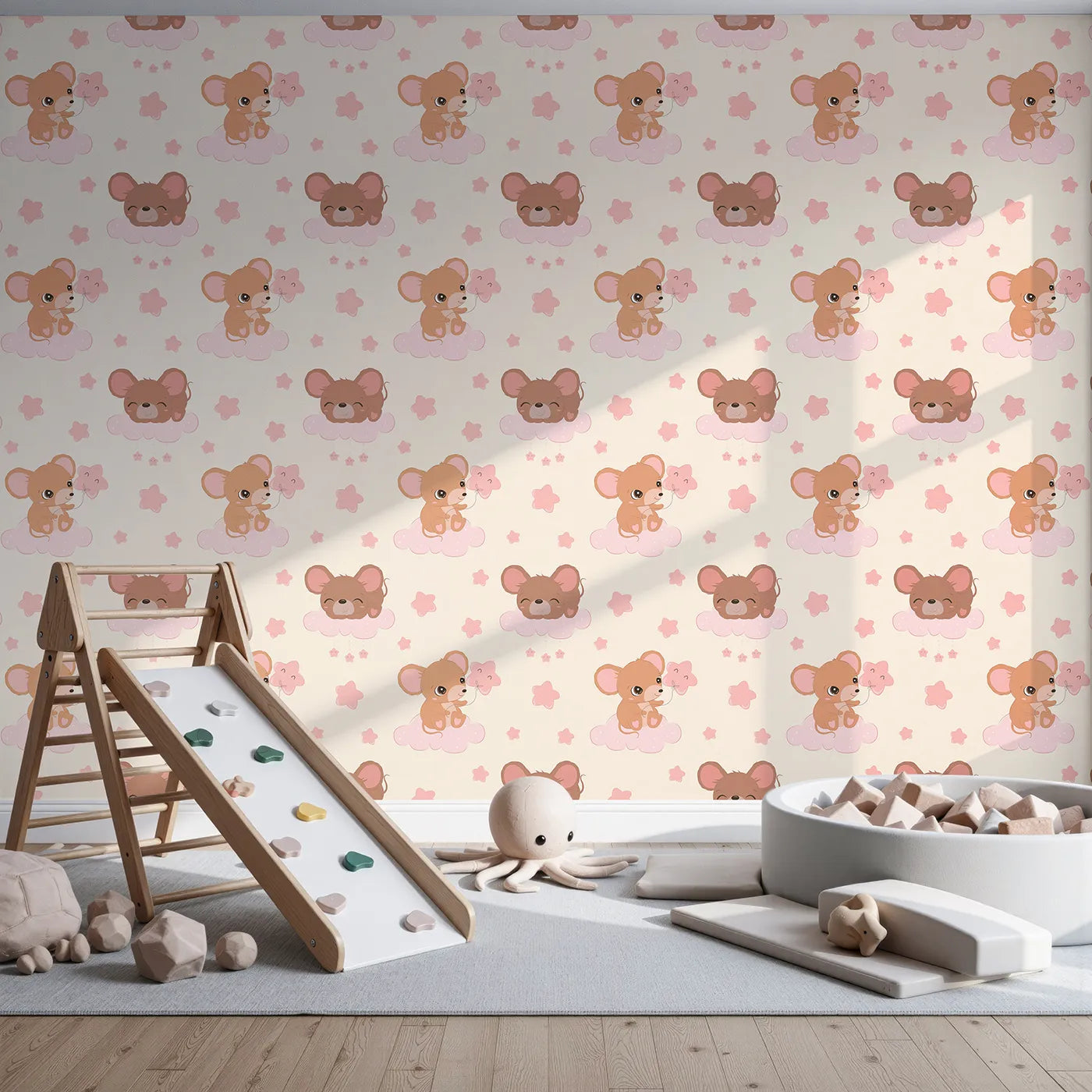 Front view of Whimsy Tots' Starry Cloud Mouse Wallpaper in Cream