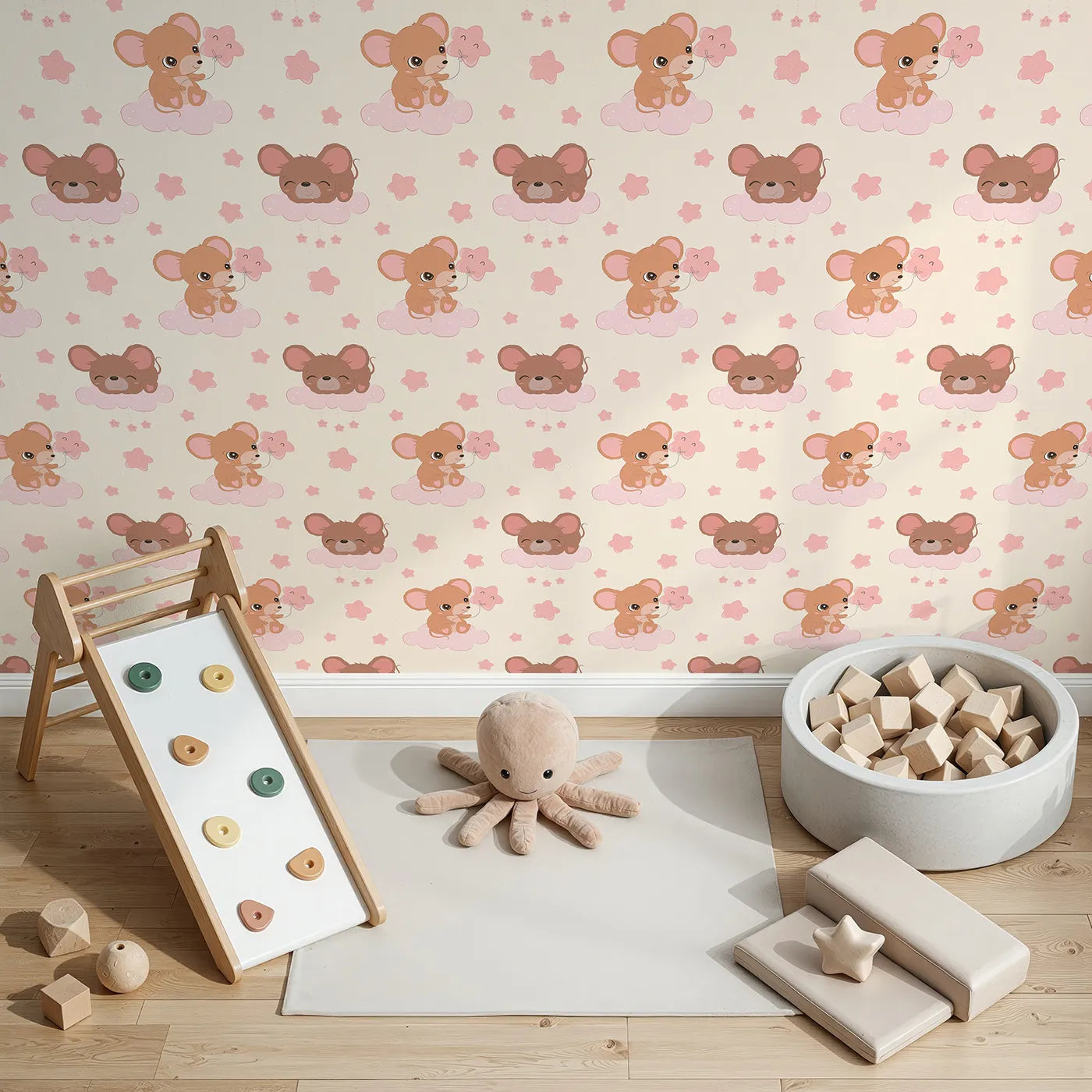 Top-Down view of Whimsy Tots' Starry Cloud Mouse Wallpaper in Cream (W3025B).One sweet mouse, one pink balloon, and a sky full of dreams.
