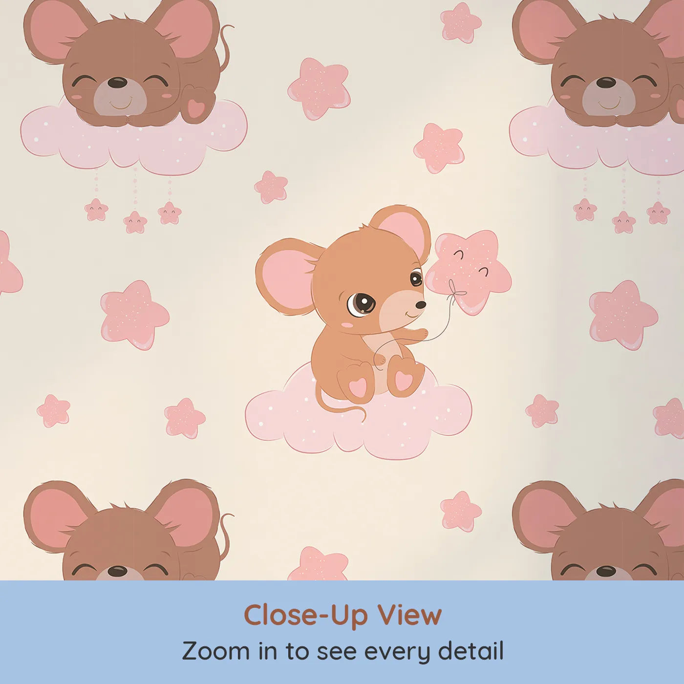 Close-up view of Whimsy Tots' Starry Cloud Mouse Wallpaper in Cream (W3025B).One sweet mouse, one pink balloon, and a sky full of dreams.