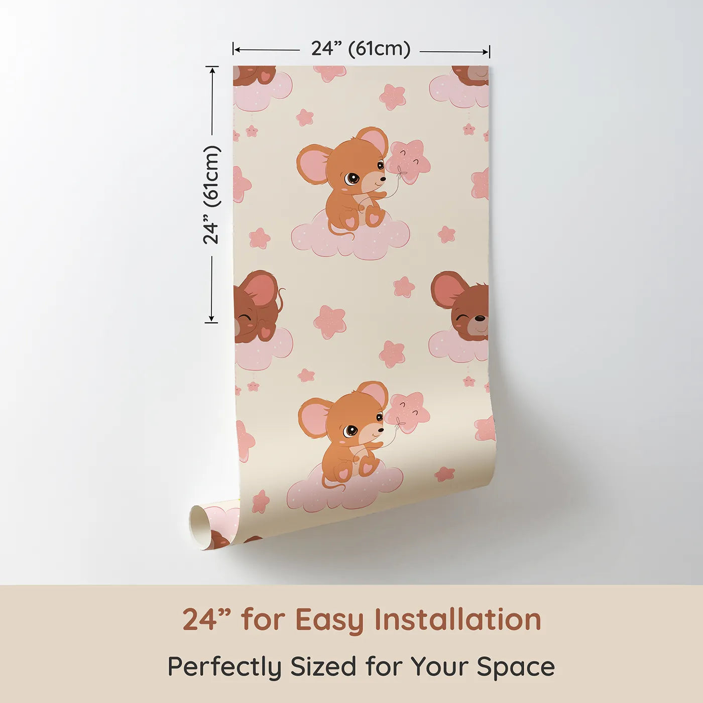 Dimension view of Whimsy Tots Starry Cloud Mouse Wallpaper in Cream (W3025B). Printed in 24-inch-wide panel for easy installation. One sweet mouse, one pink balloon, and a sky full of dreams.