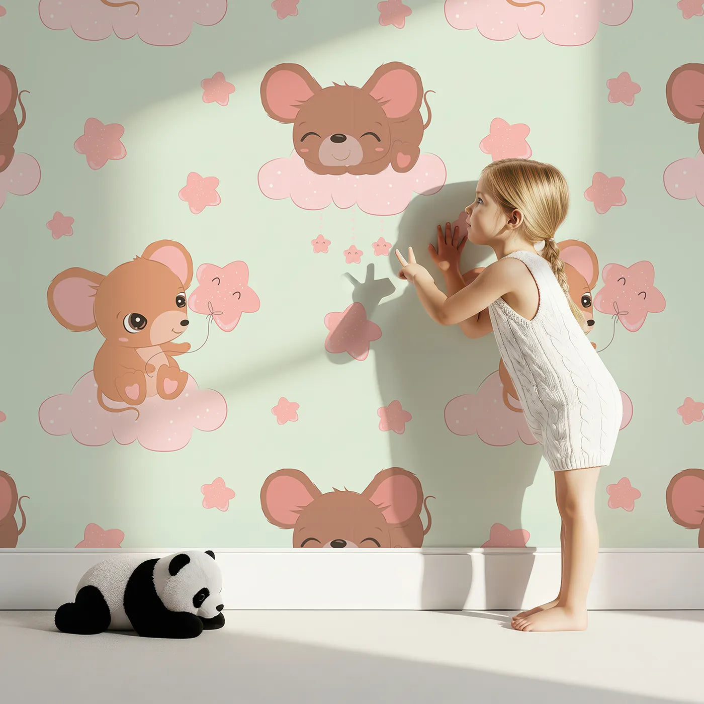 Lovely child standing in front of Whimsy Tots Starry Cloud Mouse Wallpaper in Green with mouse, cloud, balloon, star in design.