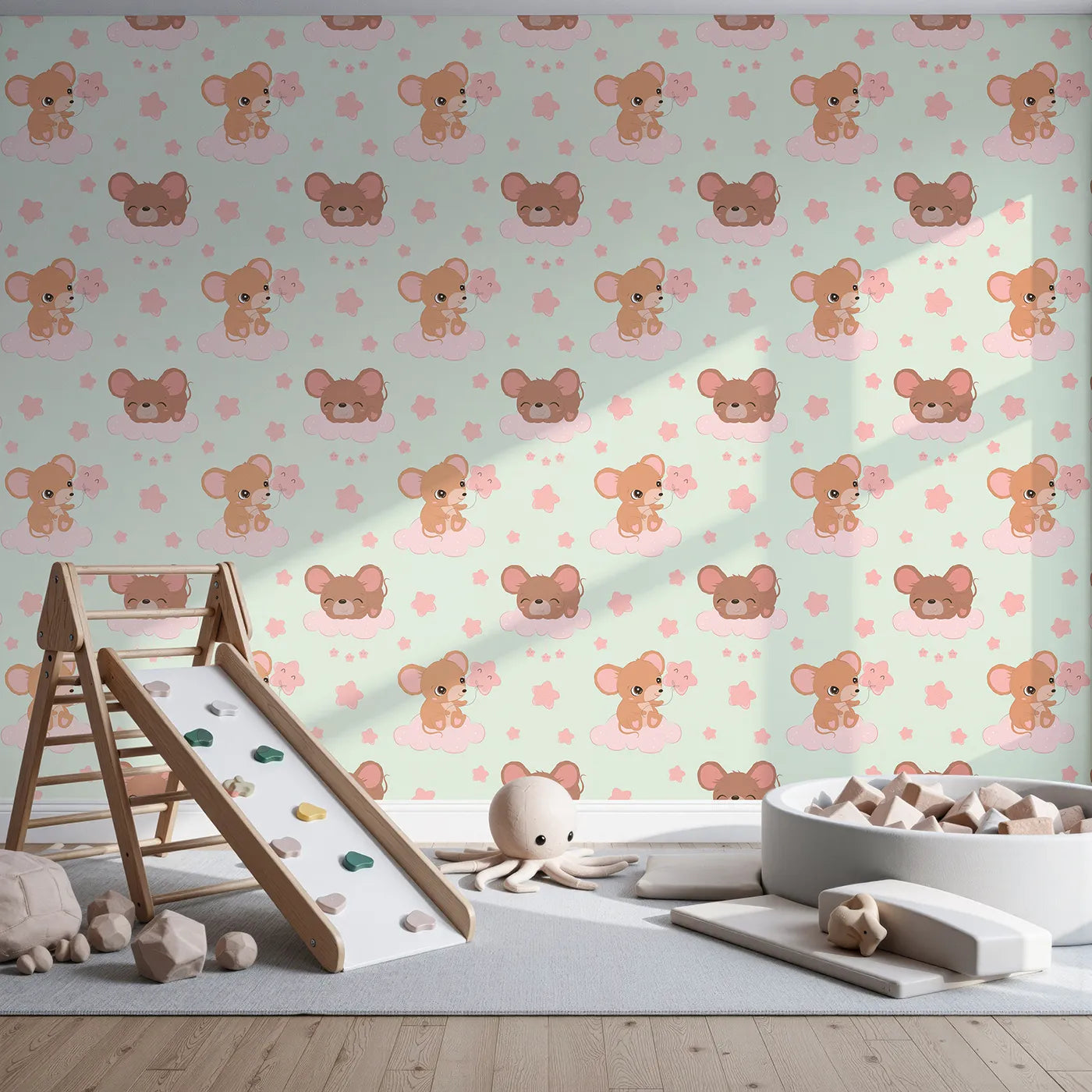 Front view of Whimsy Tots' Starry Cloud Mouse Wallpaper in Green