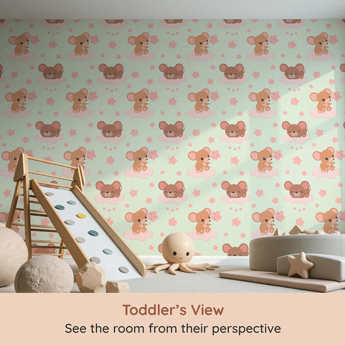 Whimsy Tots Starry Cloud Mouse Wallpaper in Green (W3025C) from your child's view.One sweet mouse, one pink balloon, and a sky full of dreams.