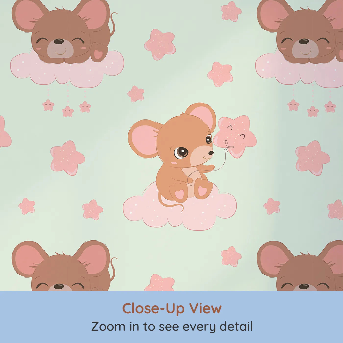 Close-up view of Whimsy Tots' Starry Cloud Mouse Wallpaper in Green (W3025C).One sweet mouse, one pink balloon, and a sky full of dreams.