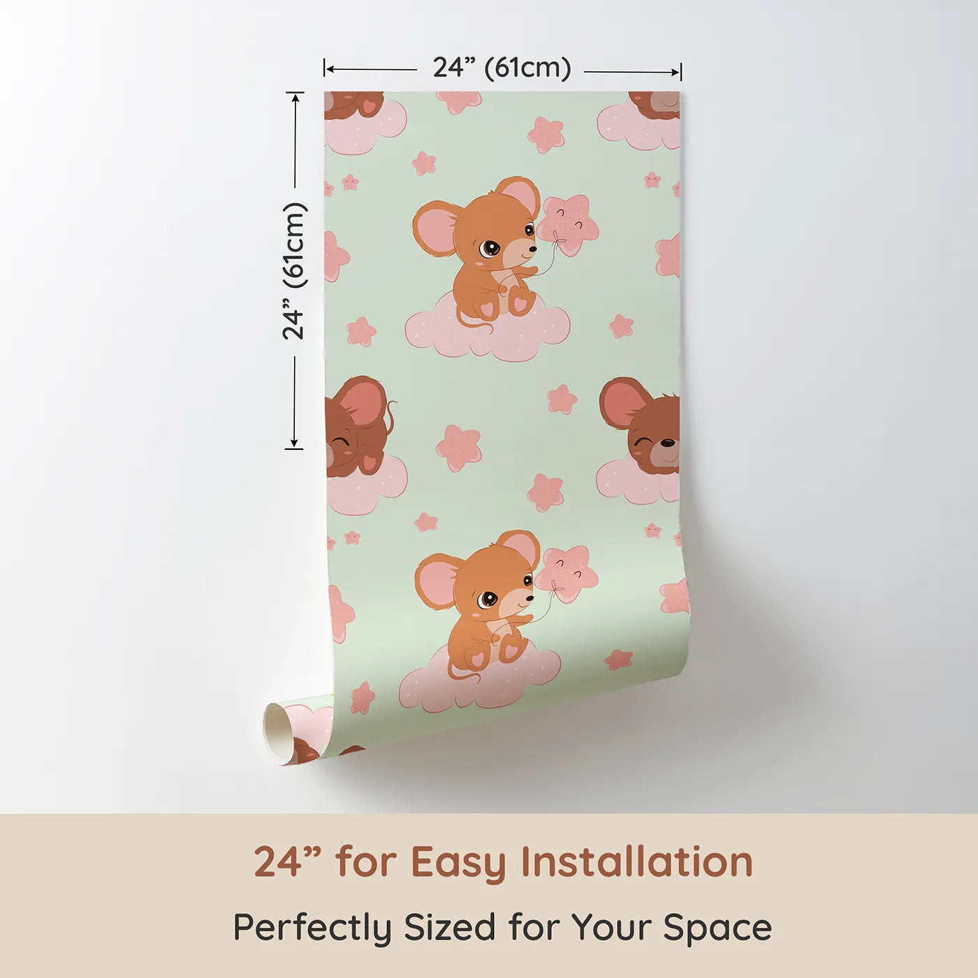 Dimension view of Whimsy Tots Starry Cloud Mouse Wallpaper in Green (W3025C). Printed in 24-inch-wide panel for easy installation. One sweet mouse, one pink balloon, and a sky full of dreams.