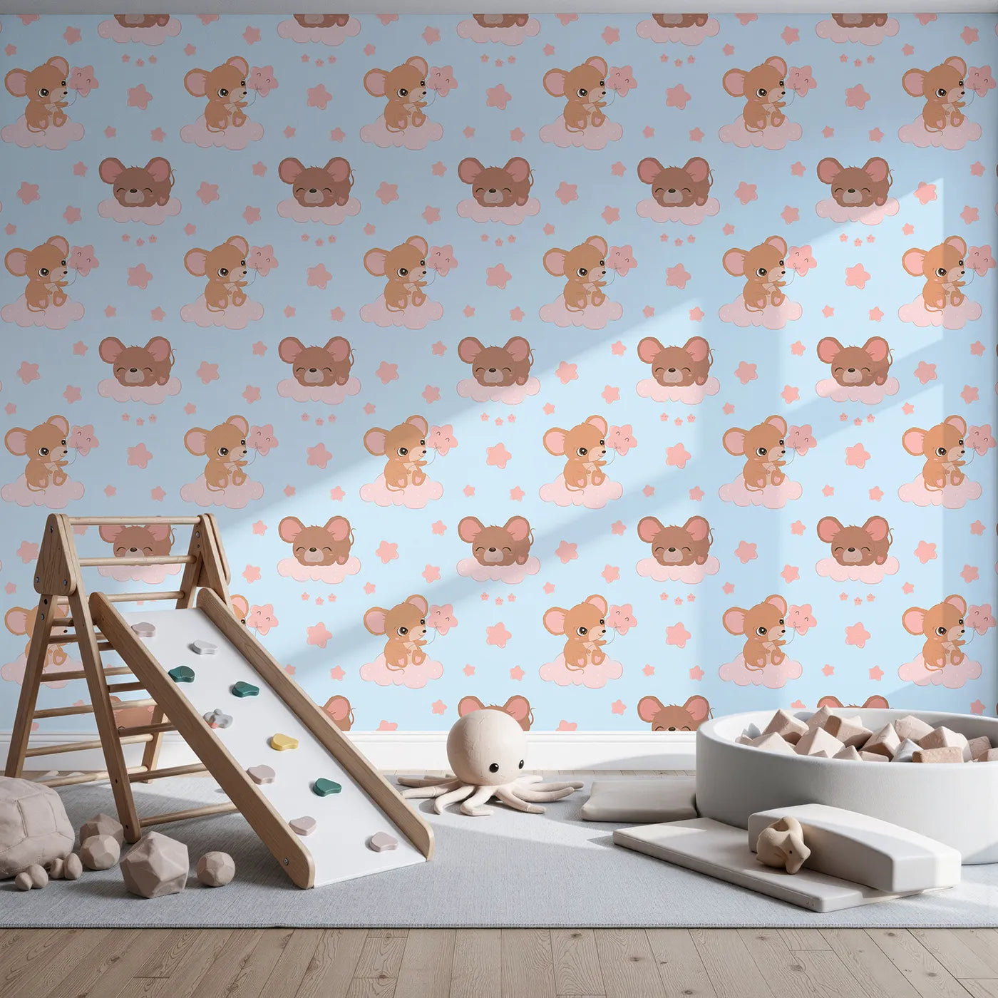 Front view of Whimsy Tots' Starry Cloud Mouse Wallpaper in Blue
