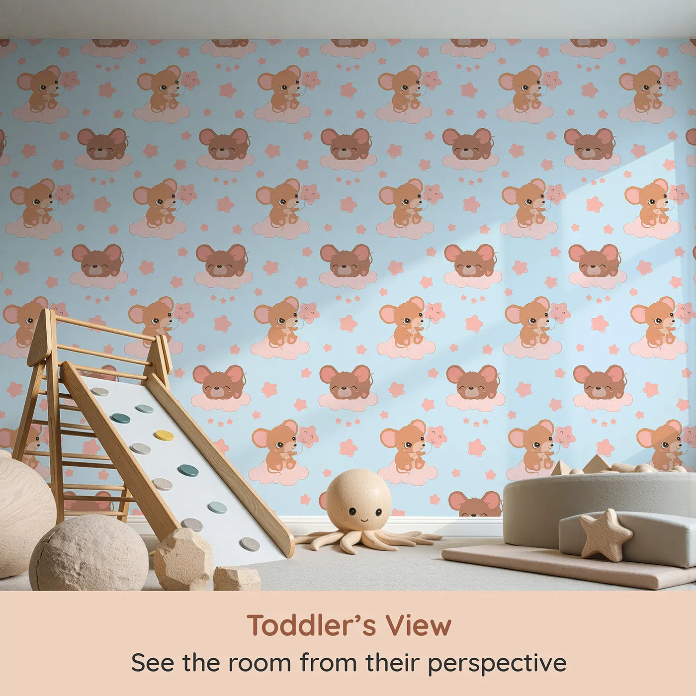 Whimsy Tots Starry Cloud Mouse Wallpaper in Blue (W3025D) from your child's view.One sweet mouse, one pink balloon, and a sky full of dreams.