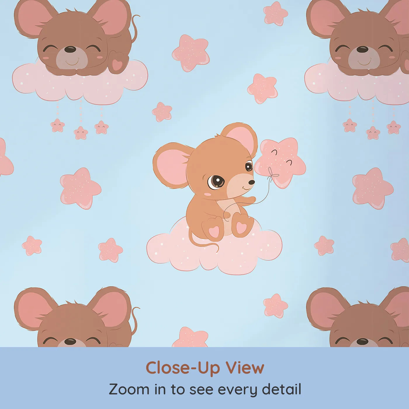 Close-up view of Whimsy Tots' Starry Cloud Mouse Wallpaper in Blue (W3025D).One sweet mouse, one pink balloon, and a sky full of dreams.