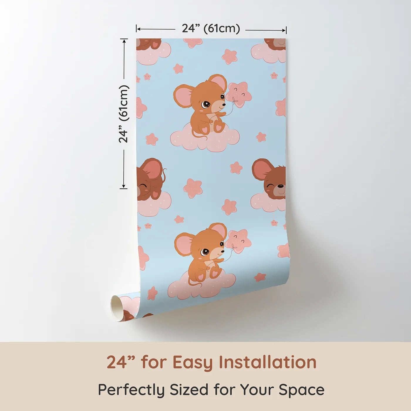 Dimension view of Whimsy Tots Starry Cloud Mouse Wallpaper in Blue (W3025D). Printed in 24-inch-wide panel for easy installation. One sweet mouse, one pink balloon, and a sky full of dreams.