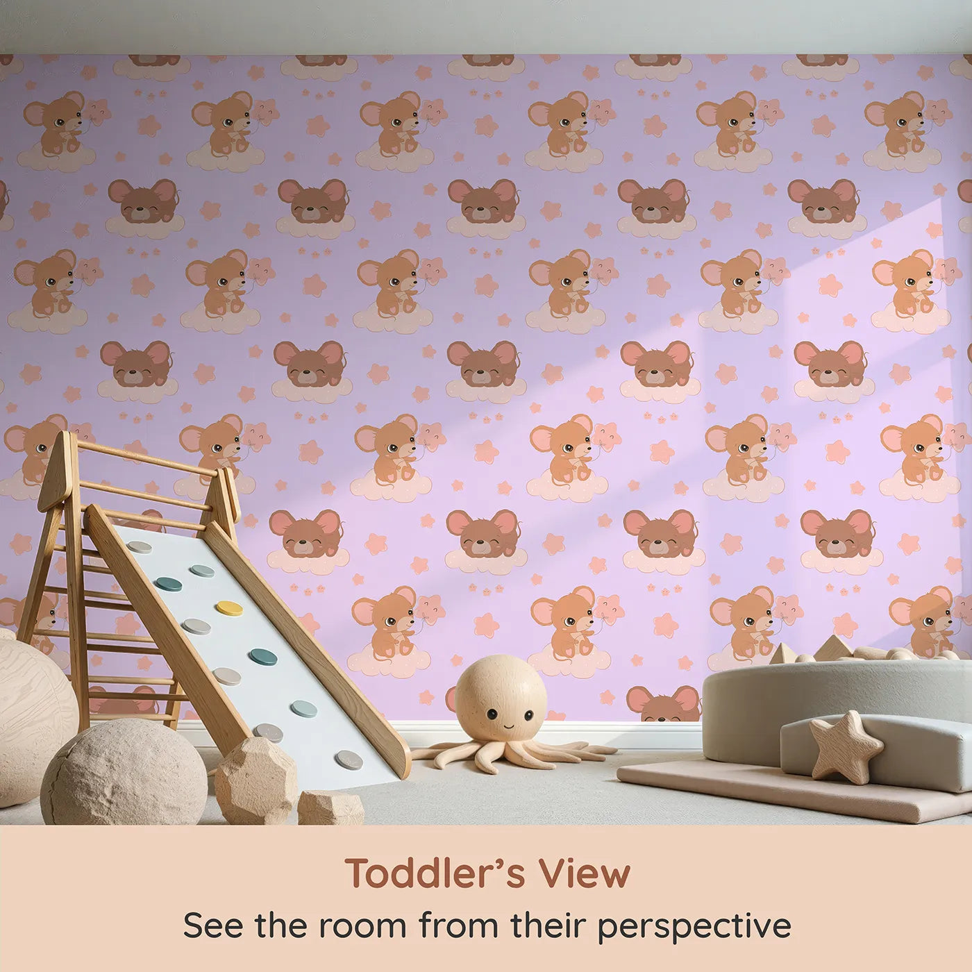 Whimsy Tots Starry Cloud Mouse Wallpaper in Purple (W3025E) from your child's view.One sweet mouse, one pink balloon, and a sky full of dreams.