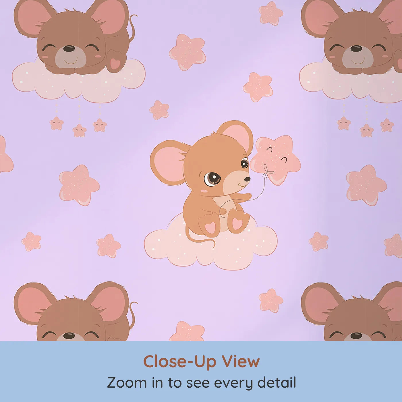 Close-up view of Whimsy Tots' Starry Cloud Mouse Wallpaper in Purple (W3025E).One sweet mouse, one pink balloon, and a sky full of dreams.