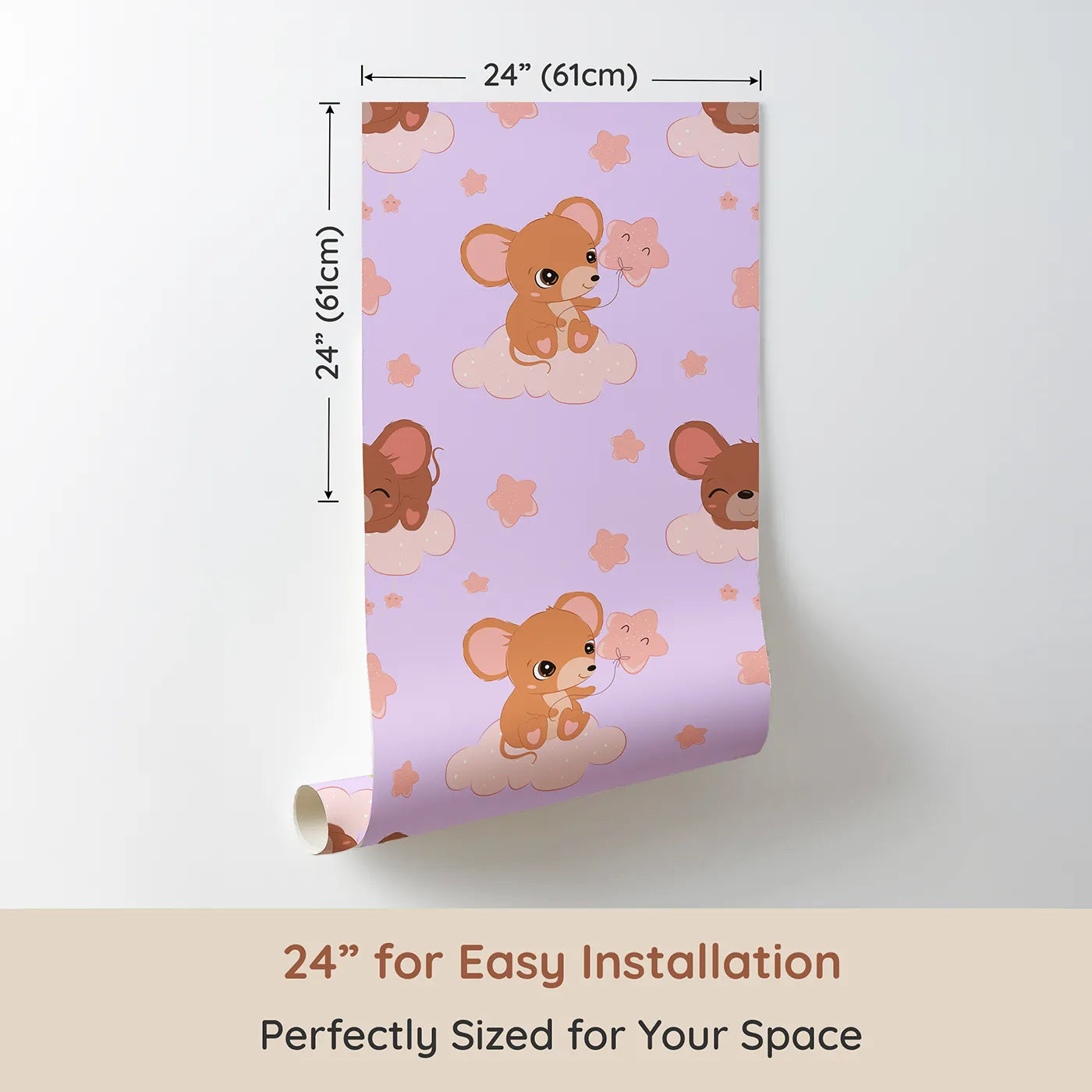 Dimension view of Whimsy Tots Starry Cloud Mouse Wallpaper in Purple (W3025E). Printed in 24-inch-wide panel for easy installation. One sweet mouse, one pink balloon, and a sky full of dreams.