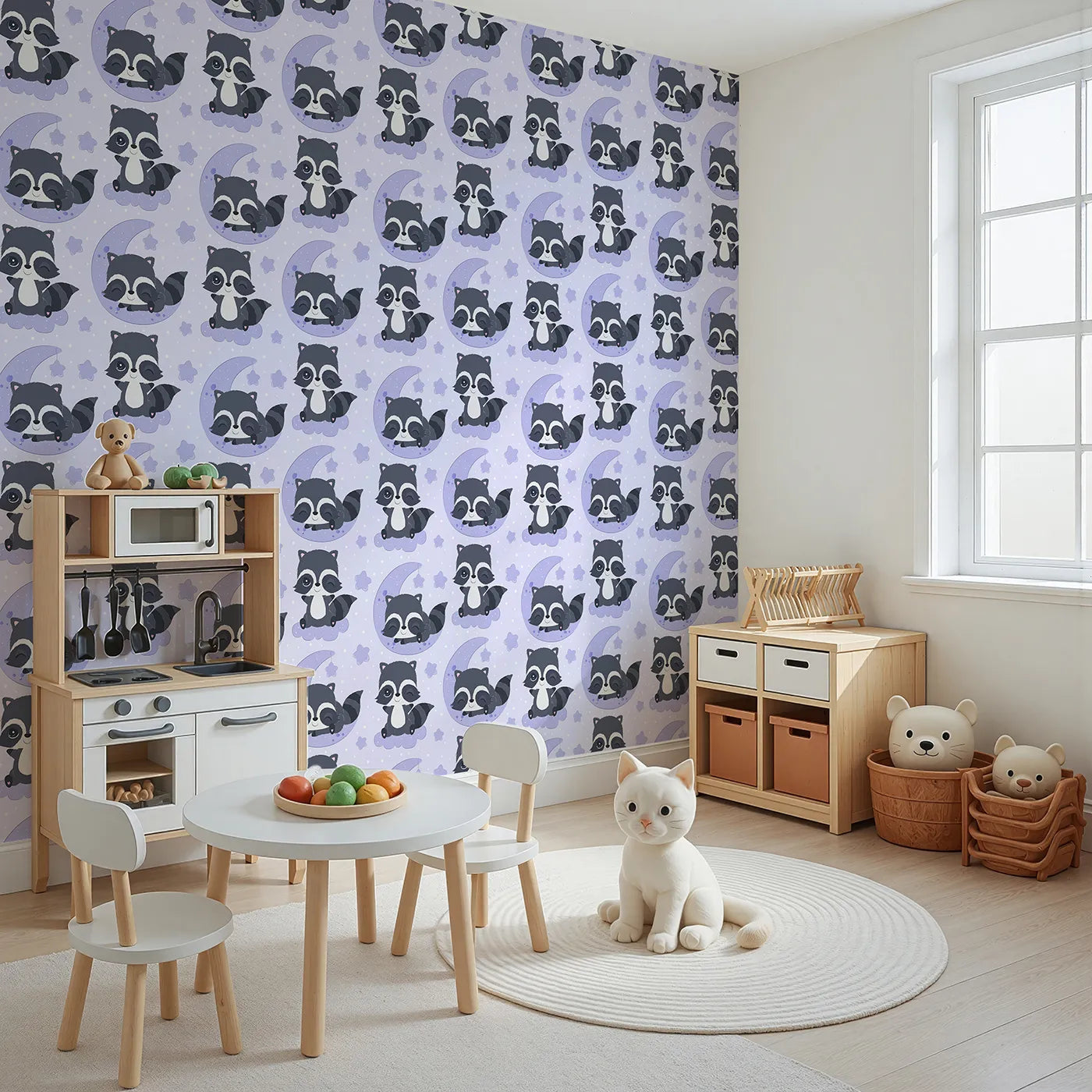 Angled view of Whimsy Tots' Moonbeam Raccoon Dreams Wallpaper in Purple (W3026A).Sleepy raccoons and starlit skies make every nap feel magical.