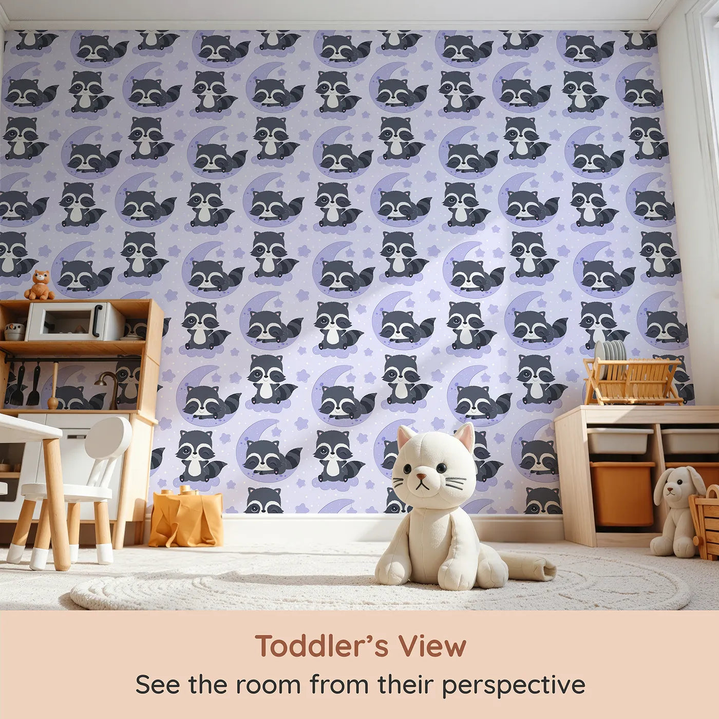 Whimsy Tots Moonbeam Raccoon Dreams Wallpaper in Purple (W3026A) from your child's view.Sleepy raccoons and starlit skies make every nap feel magical.