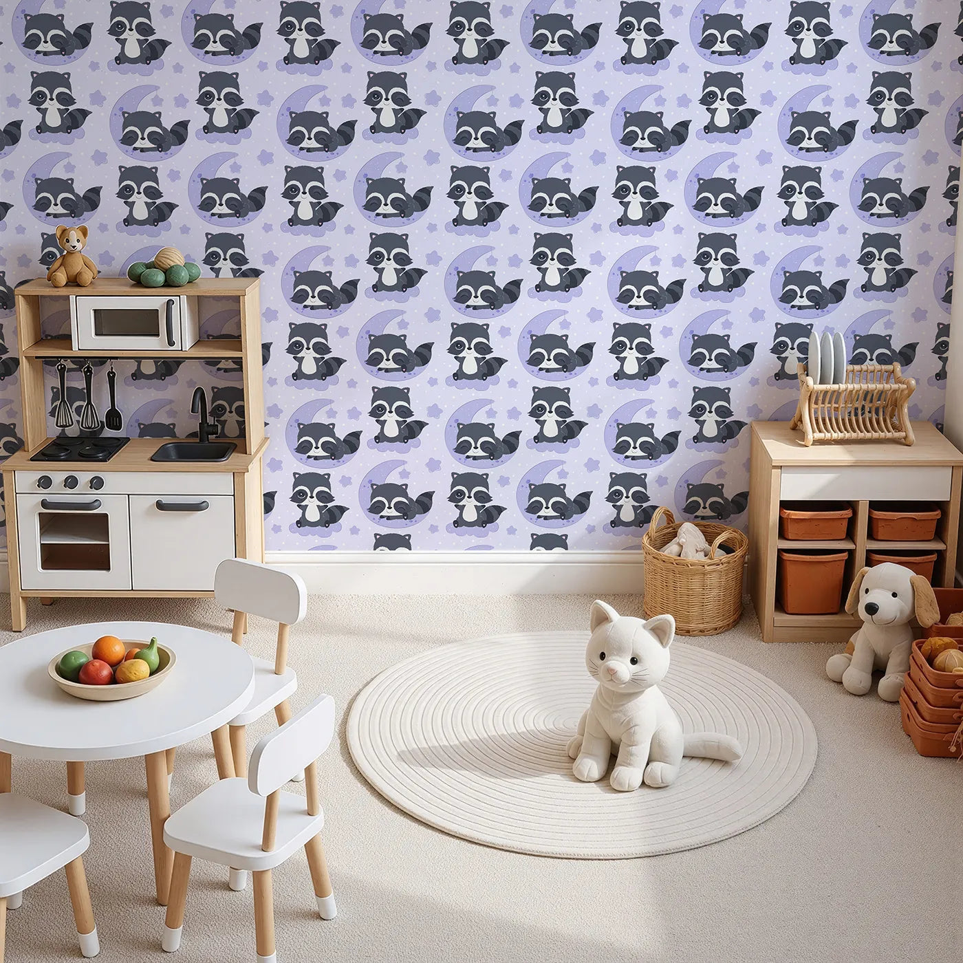 Top-Down view of Whimsy Tots' Moonbeam Raccoon Dreams Wallpaper in Purple (W3026A).Sleepy raccoons and starlit skies make every nap feel magical.