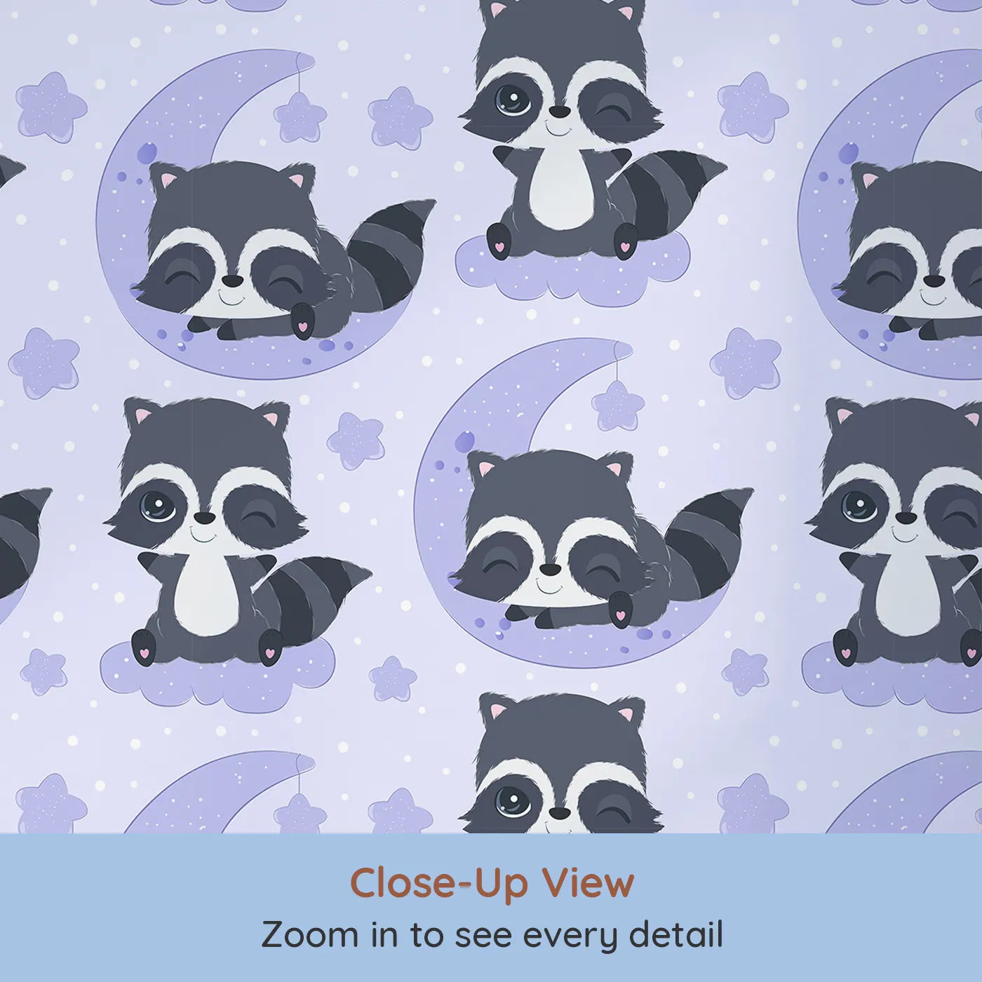 Close-up view of Whimsy Tots' Moonbeam Raccoon Dreams Wallpaper in Purple (W3026A).Sleepy raccoons and starlit skies make every nap feel magical.