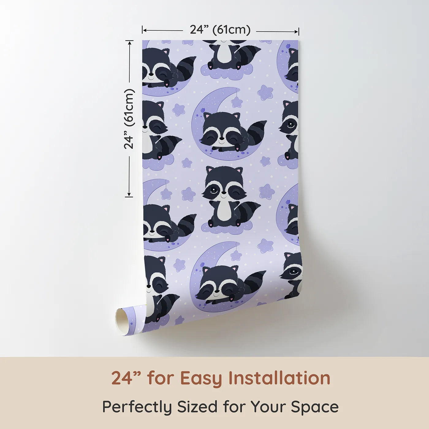 Dimension view of Whimsy Tots Moonbeam Raccoon Dreams Wallpaper in Purple (W3026A). Printed in 24-inch-wide panel for easy installation. Sleepy raccoons and starlit skies make every nap feel magical.