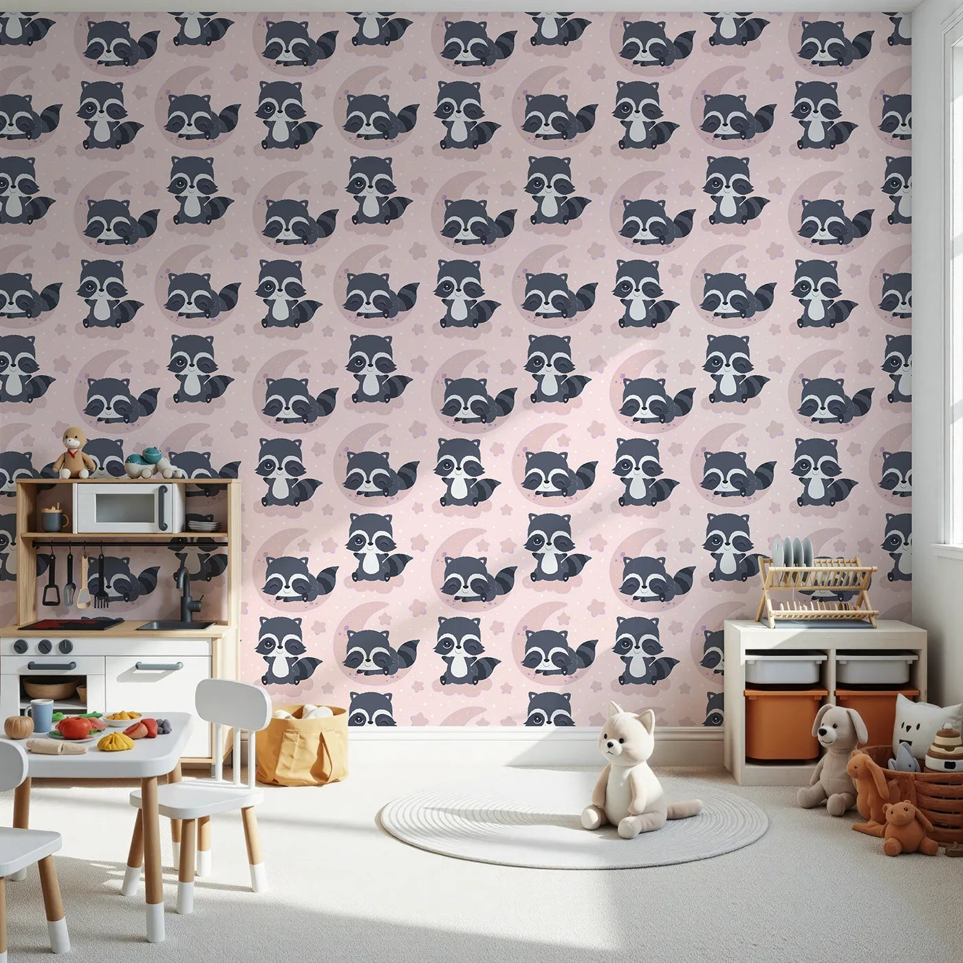 Front view of Whimsy Tots' Moonbeam Raccoon Dreams Wallpaper in Pink