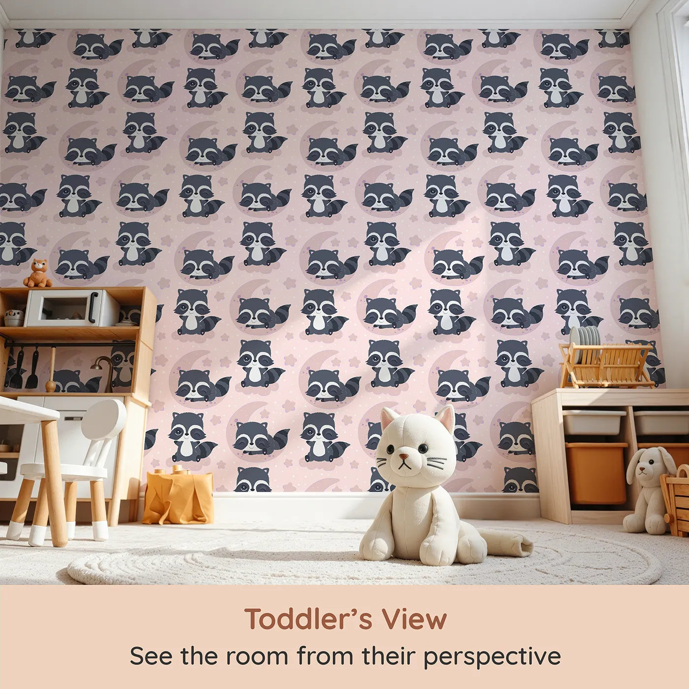 Whimsy Tots Moonbeam Raccoon Dreams Wallpaper in Pink (W3026B) from your child's view.Sleepy raccoons and starlit skies make every nap feel magical.