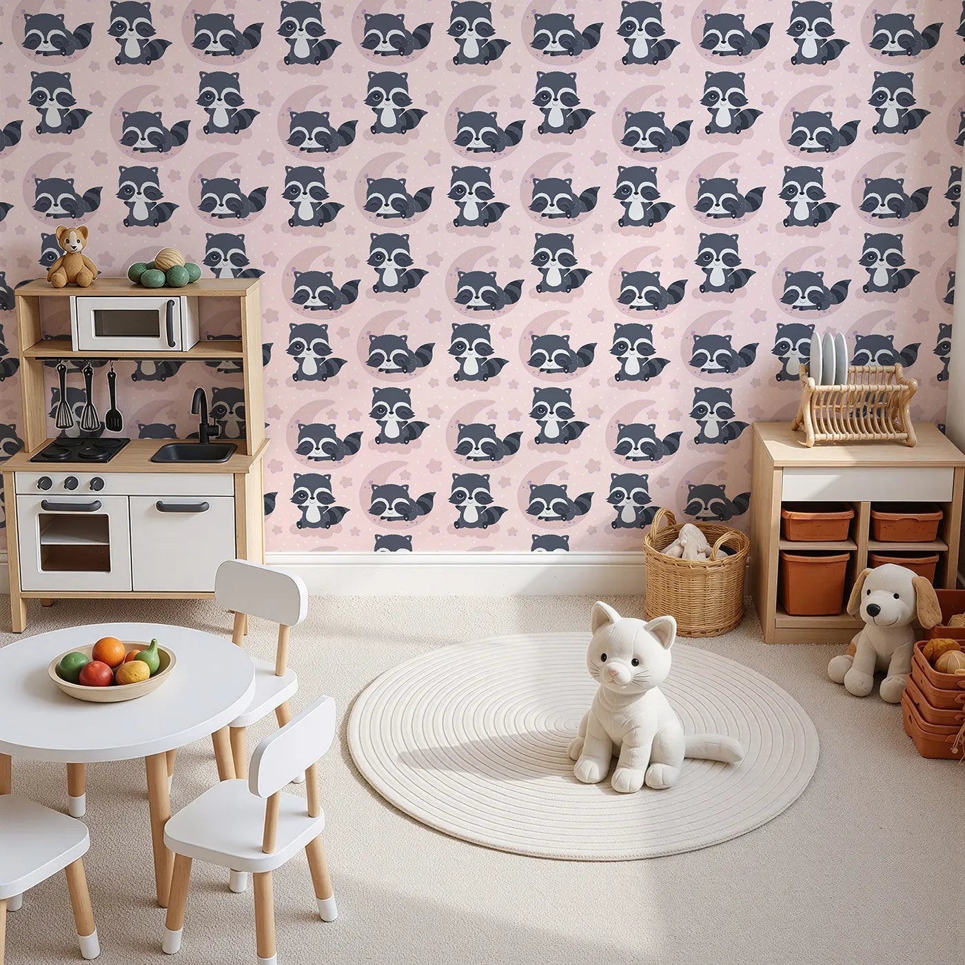 Top-Down view of Whimsy Tots' Moonbeam Raccoon Dreams Wallpaper in Pink (W3026B).Sleepy raccoons and starlit skies make every nap feel magical.