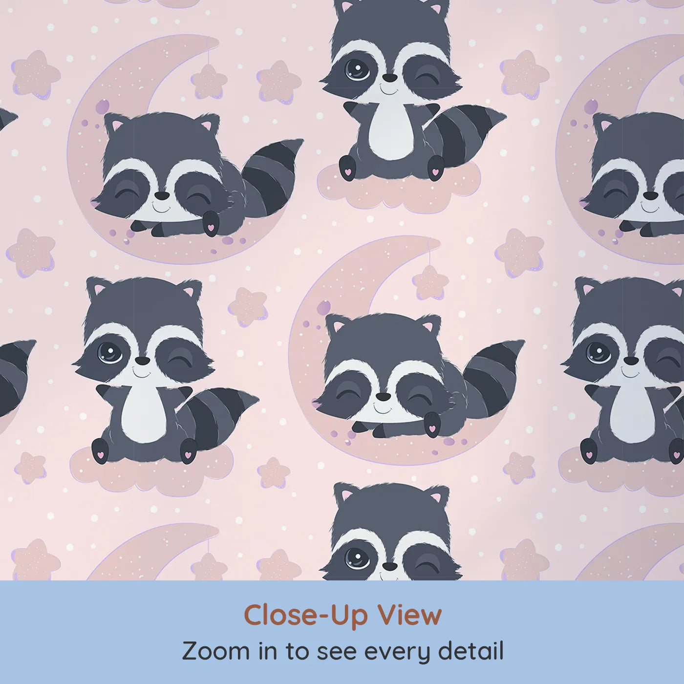 Close-up view of Whimsy Tots' Moonbeam Raccoon Dreams Wallpaper in Pink (W3026B).Sleepy raccoons and starlit skies make every nap feel magical.