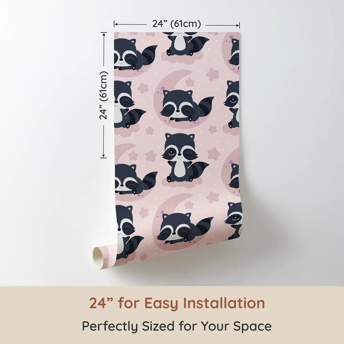 Dimension view of Whimsy Tots Moonbeam Raccoon Dreams Wallpaper in Pink (W3026B). Printed in 24-inch-wide panel for easy installation. Sleepy raccoons and starlit skies make every nap feel magical.