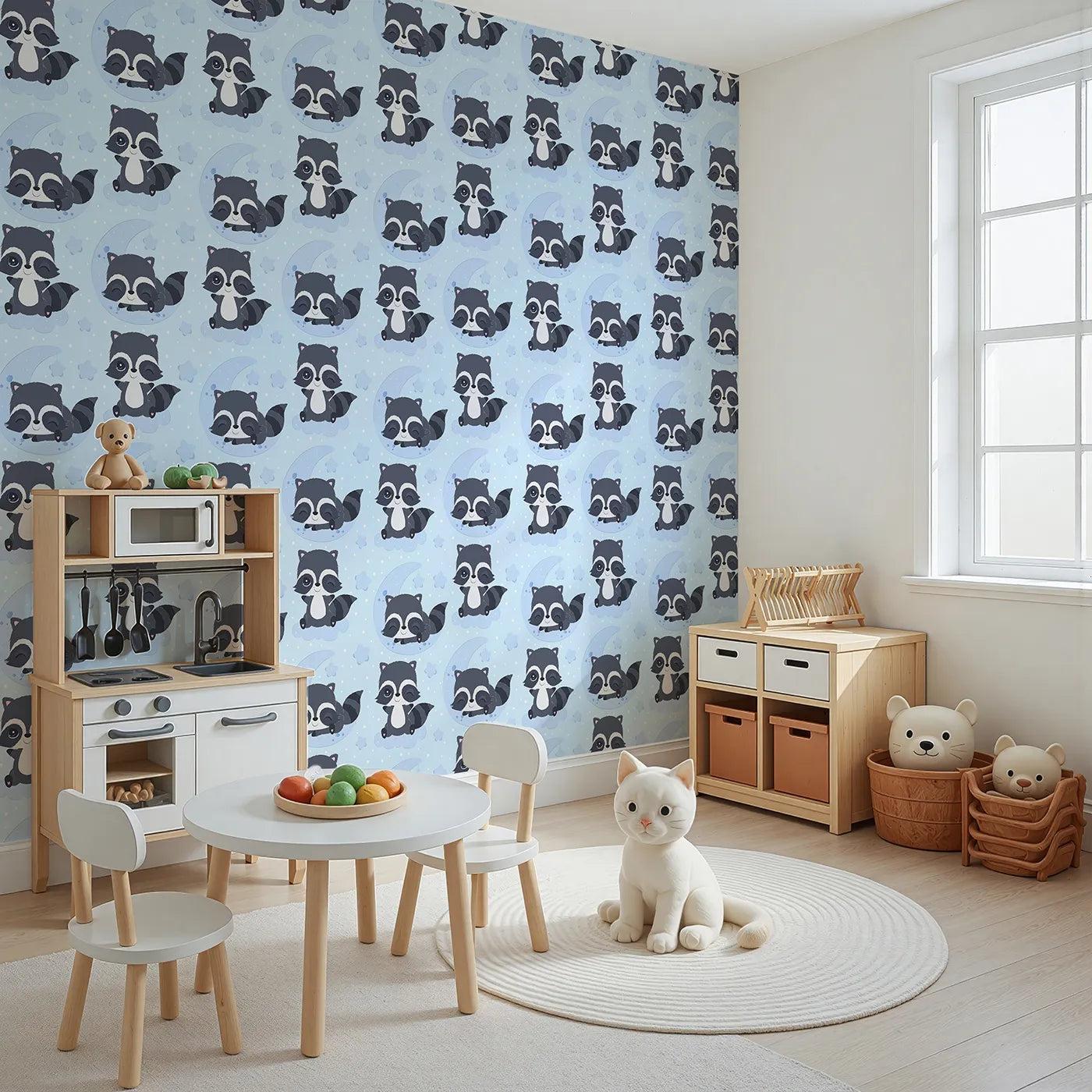 Angled view of Whimsy Tots' Moonbeam Raccoon Dreams Wallpaper in Blue (W3026C).Sleepy raccoons and starlit skies make every nap feel magical.
