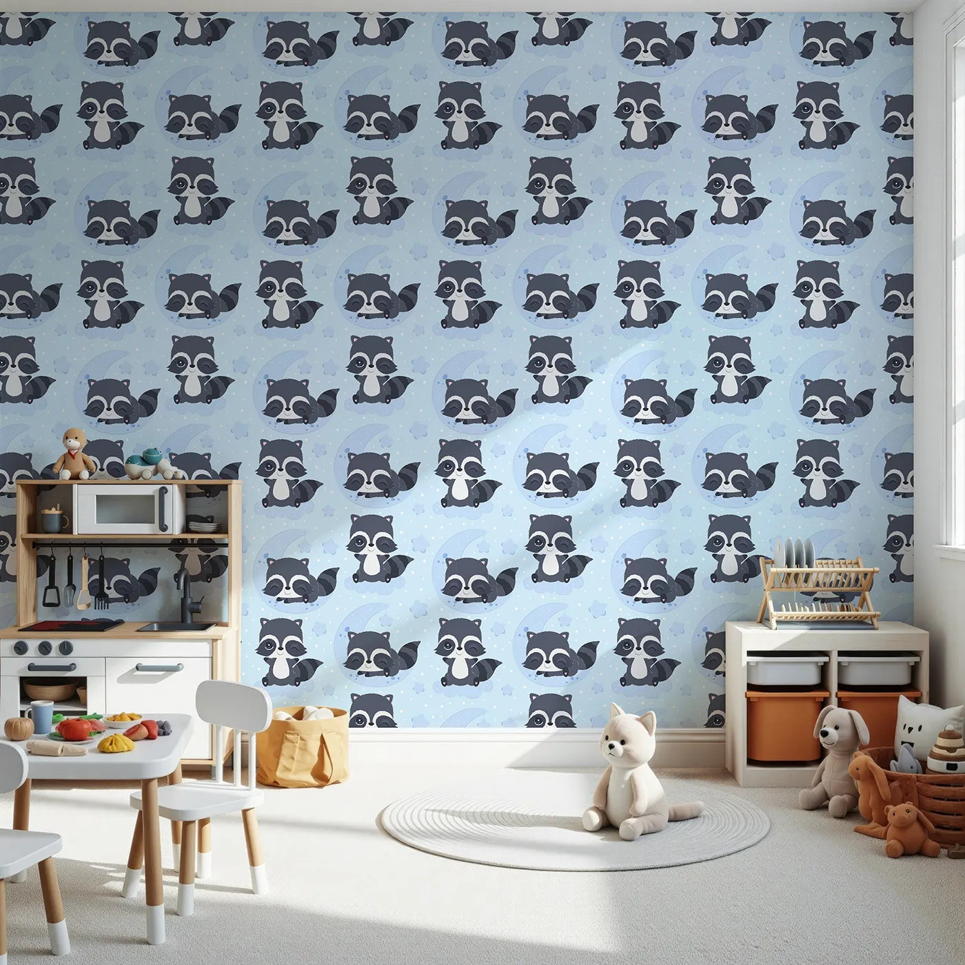 Front view of Whimsy Tots' Moonbeam Raccoon Dreams Wallpaper in Blue