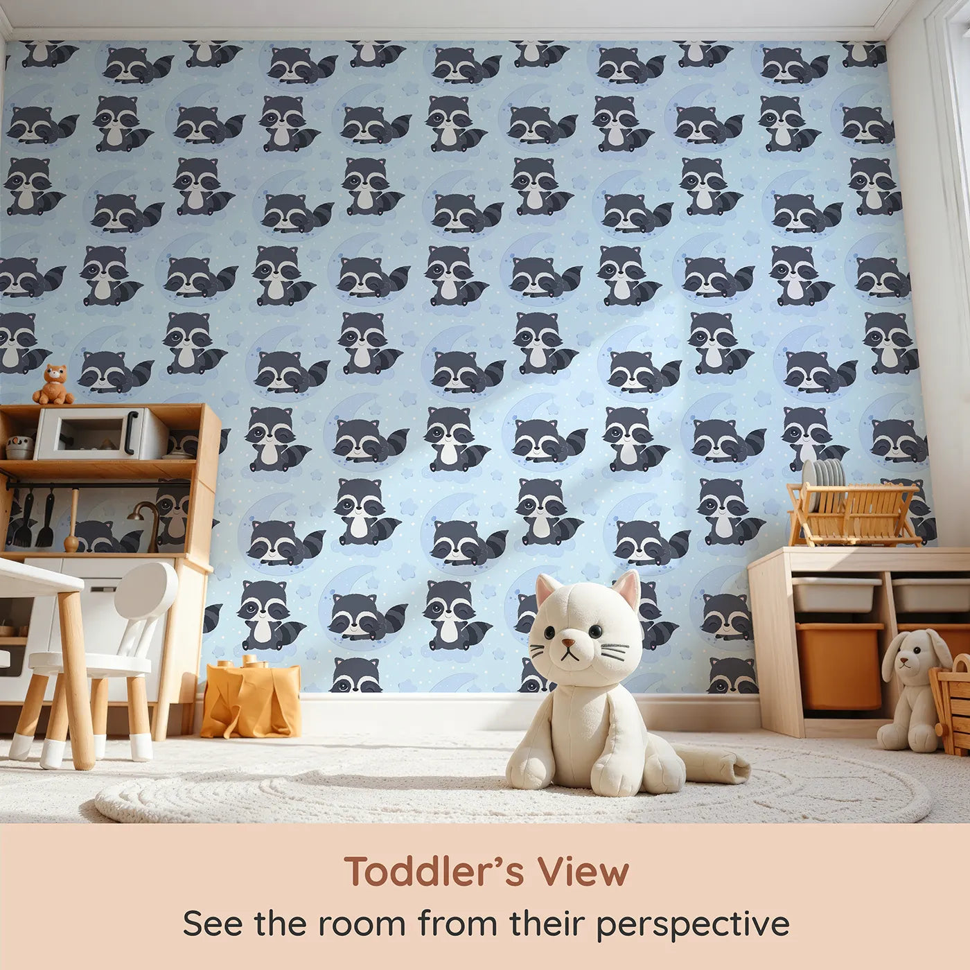 Whimsy Tots Moonbeam Raccoon Dreams Wallpaper in Blue (W3026C) from your child's view.Sleepy raccoons and starlit skies make every nap feel magical.
