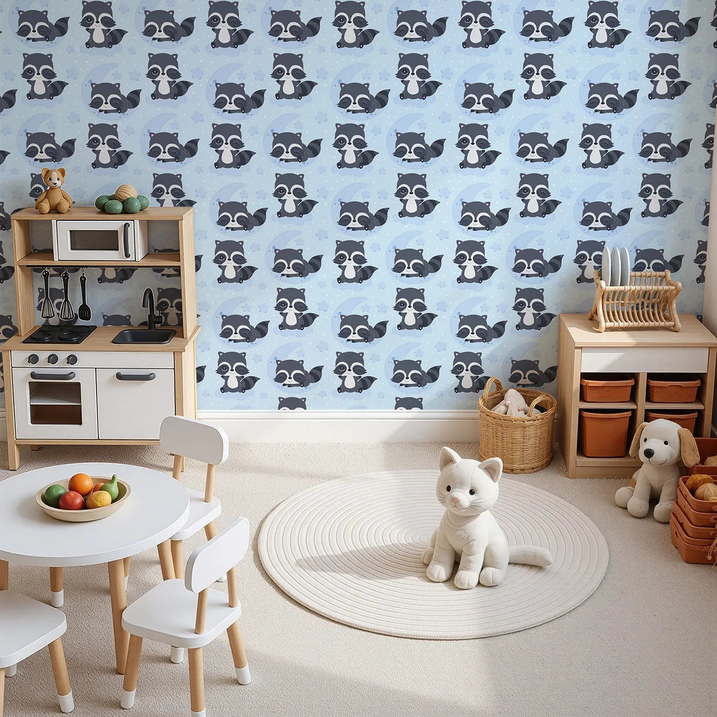 Top-Down view of Whimsy Tots' Moonbeam Raccoon Dreams Wallpaper in Blue (W3026C).Sleepy raccoons and starlit skies make every nap feel magical.