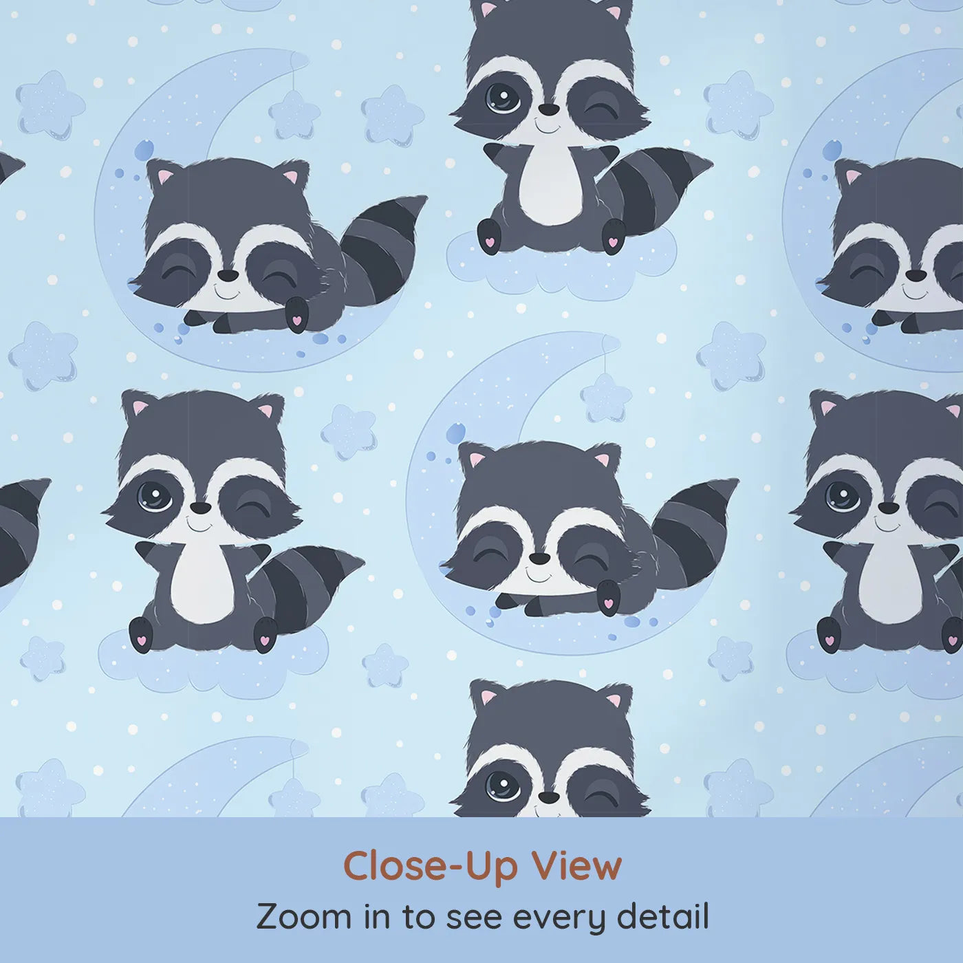 Close-up view of Whimsy Tots' Moonbeam Raccoon Dreams Wallpaper in Blue (W3026C).Sleepy raccoons and starlit skies make every nap feel magical.