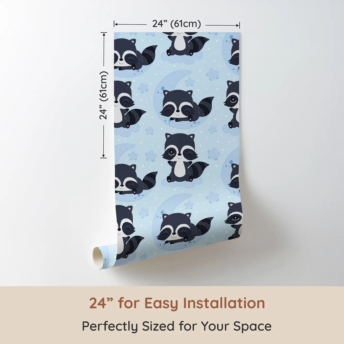 Dimension view of Whimsy Tots Moonbeam Raccoon Dreams Wallpaper in Blue (W3026C). Printed in 24-inch-wide panel for easy installation. Sleepy raccoons and starlit skies make every nap feel magical.