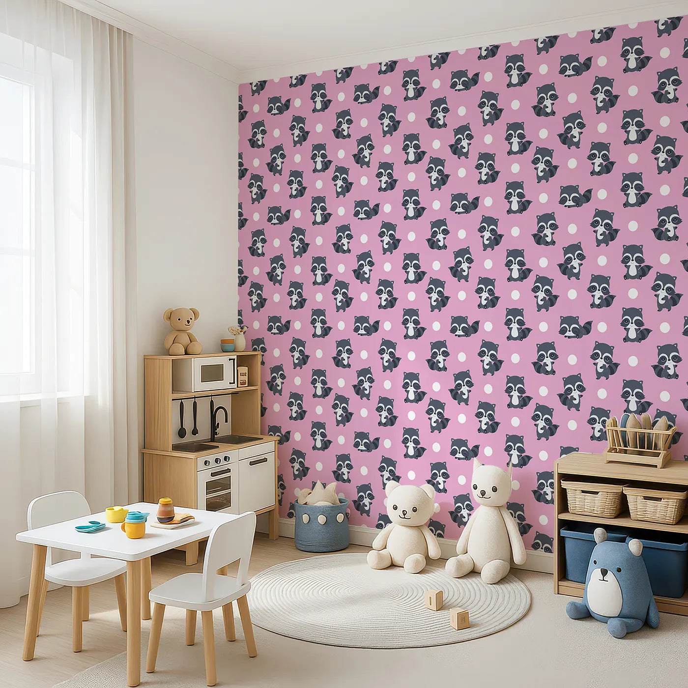 Angled view of Whimsy Tots' Playful Raccoon Parade Wallpaper in Pink (W3027A).Charming raccoons and cheerful dots make every wall come alive with joy.