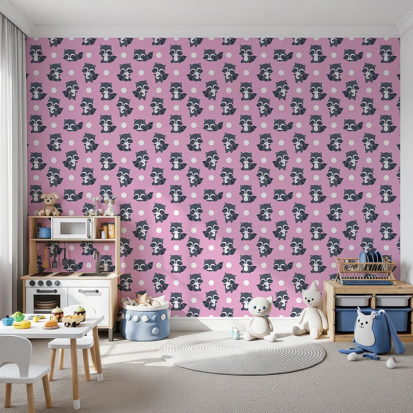 Front view of Whimsy Tots' Playful Raccoon Parade Wallpaper in Pink