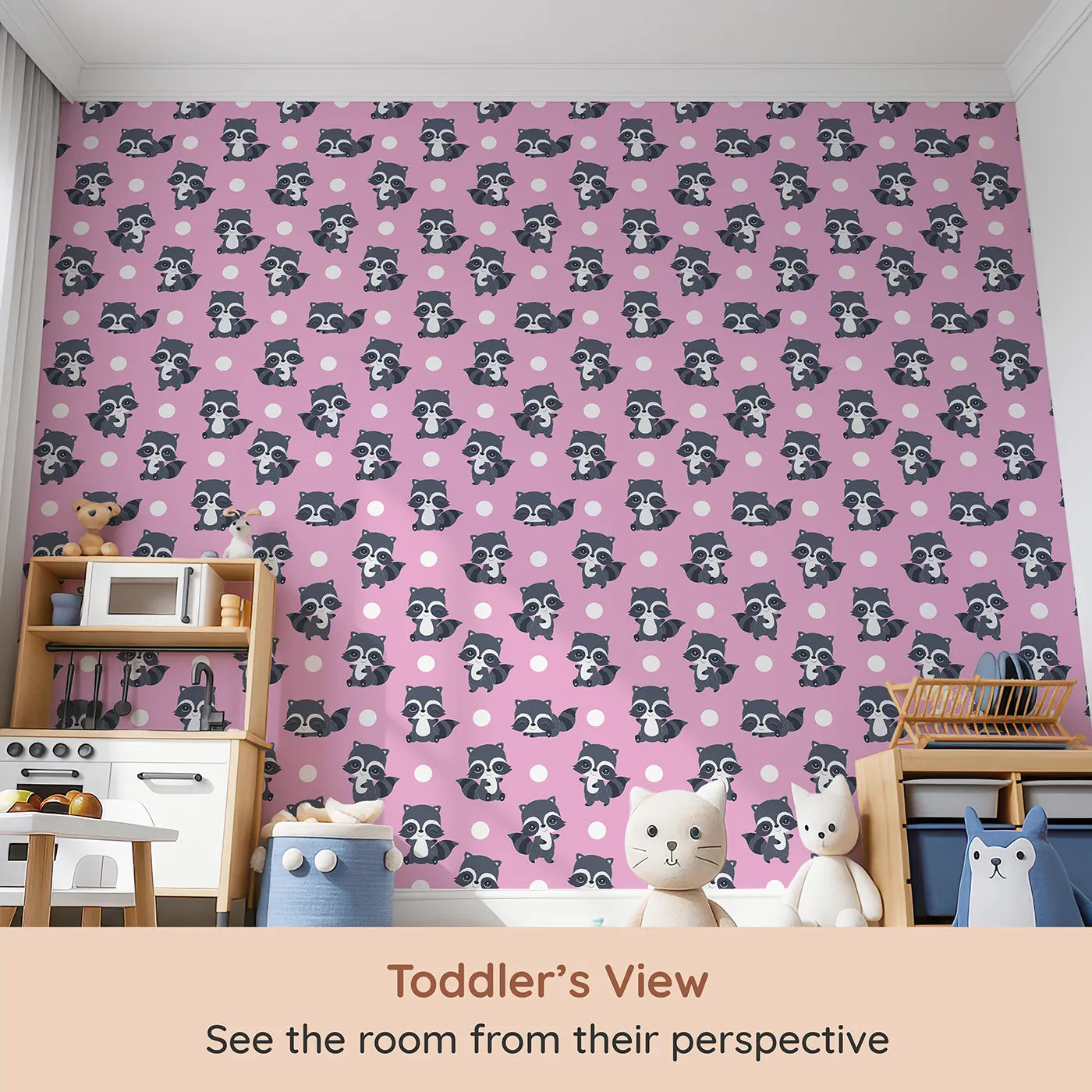 Whimsy Tots Playful Raccoon Parade Wallpaper in Pink (W3027A) from your child's view.Charming raccoons and cheerful dots make every wall come alive with joy.